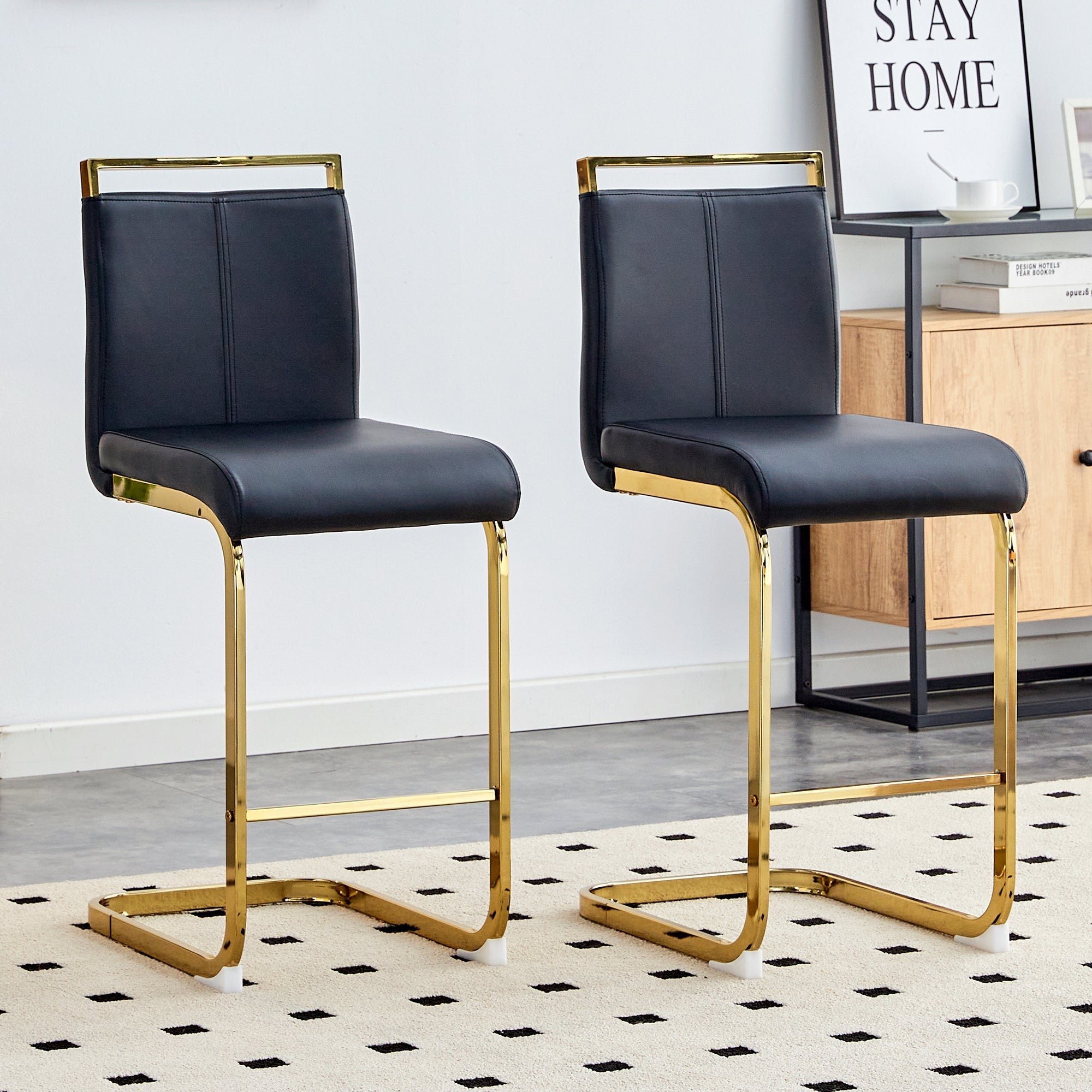 Bar Stools Set of 2 Nordic Style Gold Metal Legs - Black Faux Leather