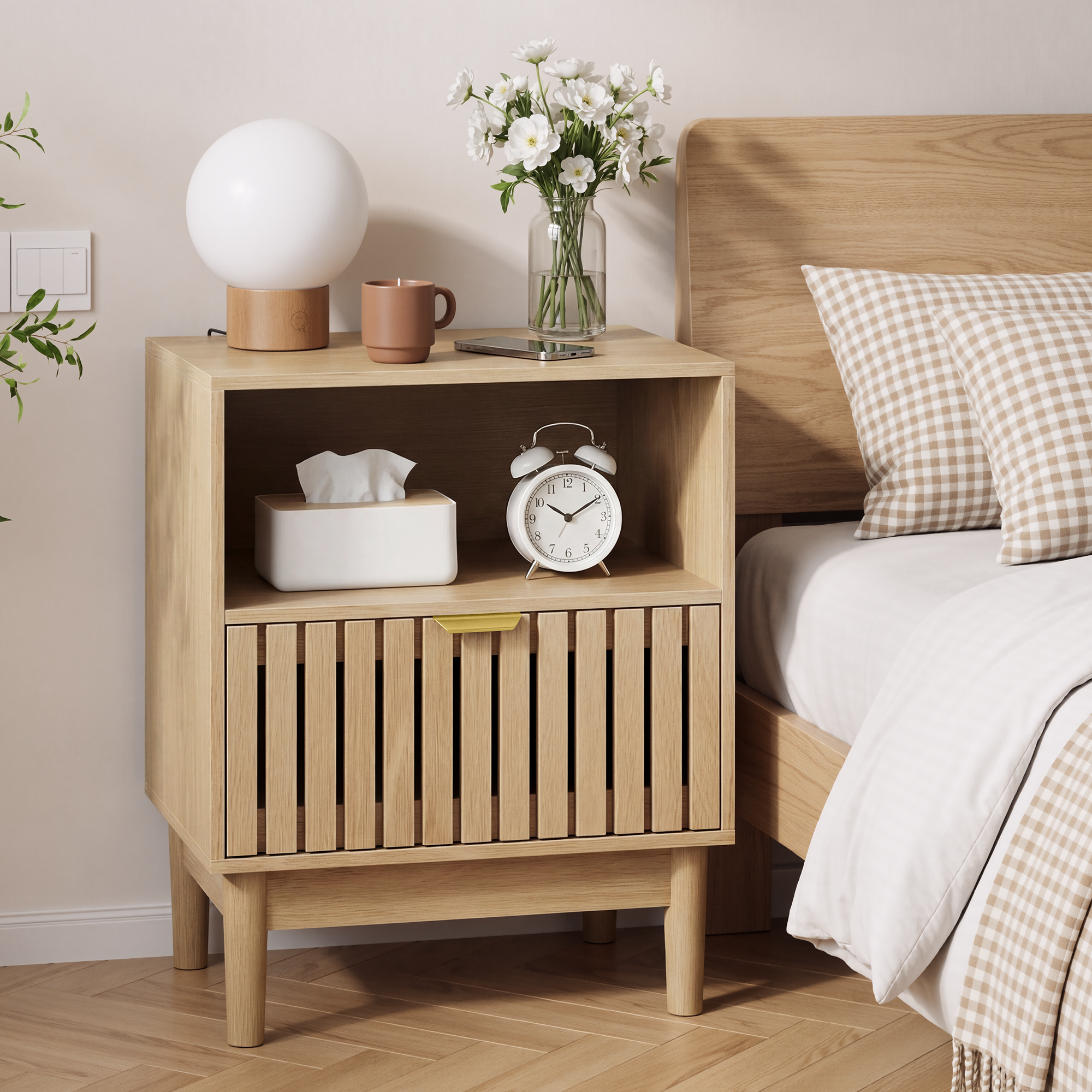 Modern Bedside Table with 1 Drawer and Slatted Design, 45x39x56.5cm, Oak