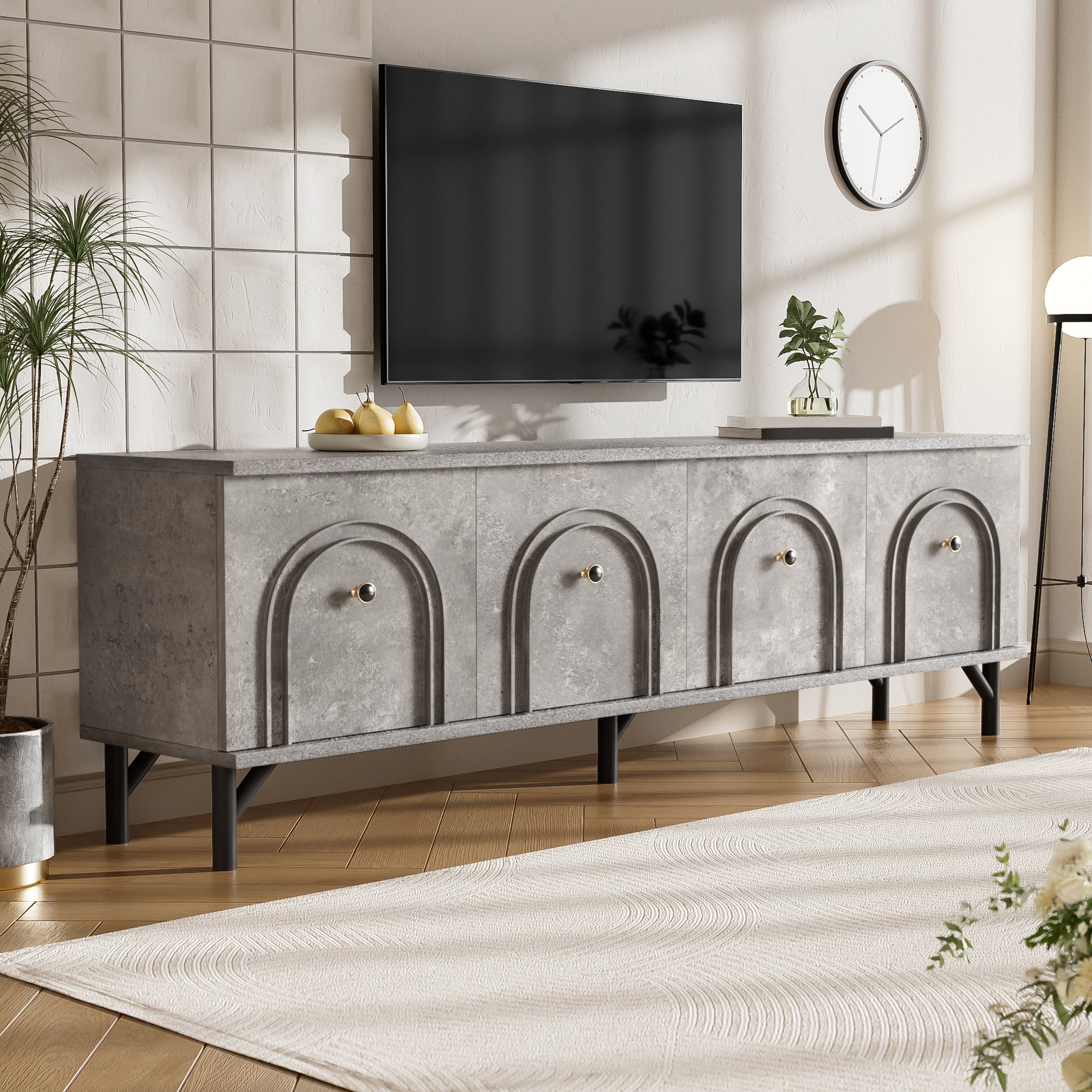 TV Stand, 4-Door 160 cm, Stylish Design, Soft-Close Hinges, Grey