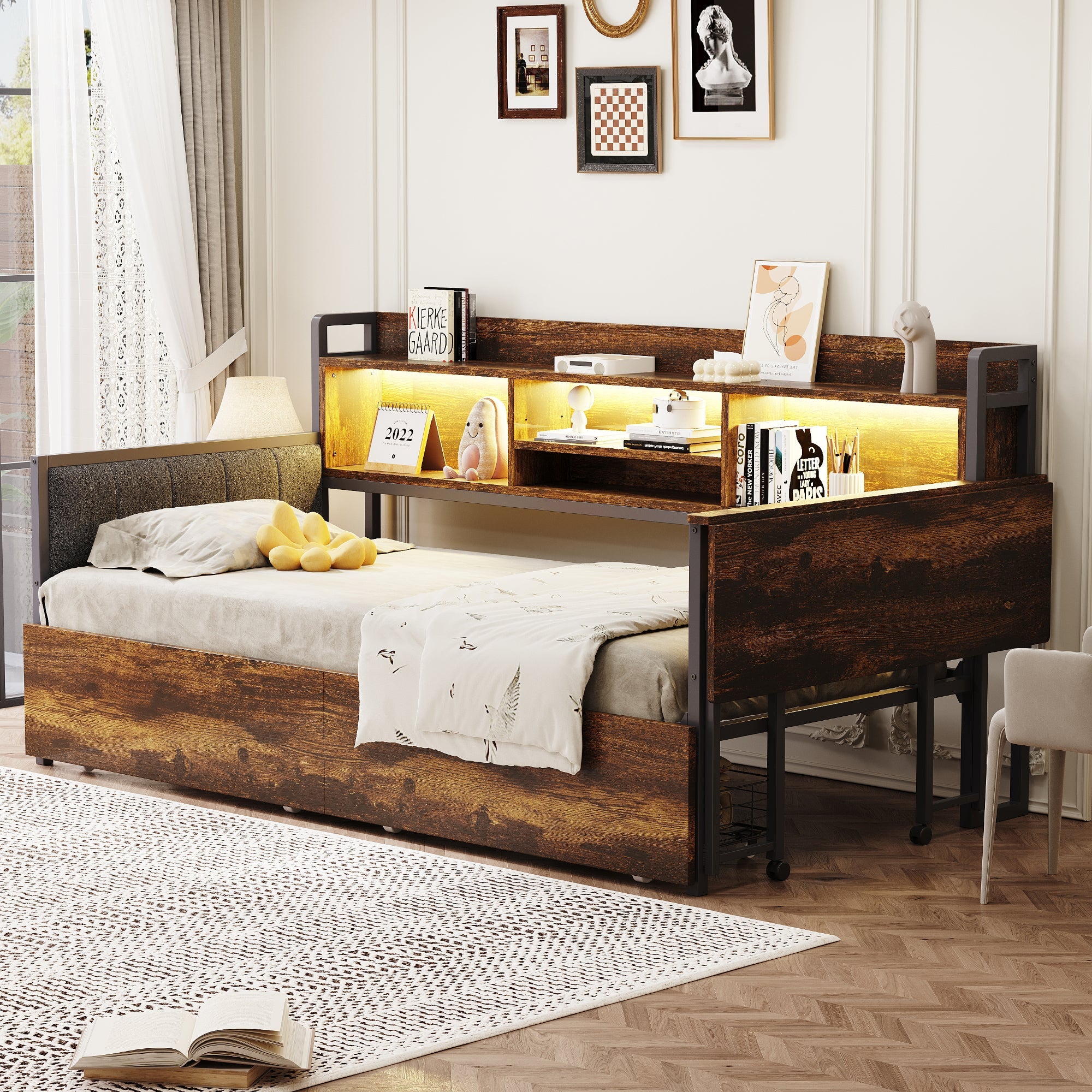 Iron Sofa Bed 90x200cm LED Storage Drawers Fold-Out Desk, Wood Color