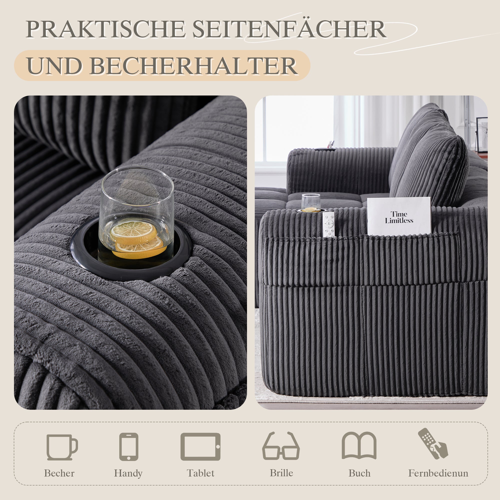 Compact Sofa Modular Side Pocket Cup Holder 3 Cushions - Corduroy Dark Gray