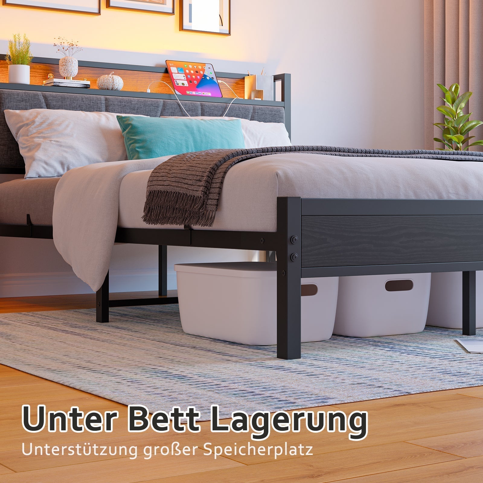 Bed Frame 140x200cm LED Headboard USB Charging - Metal Slats
