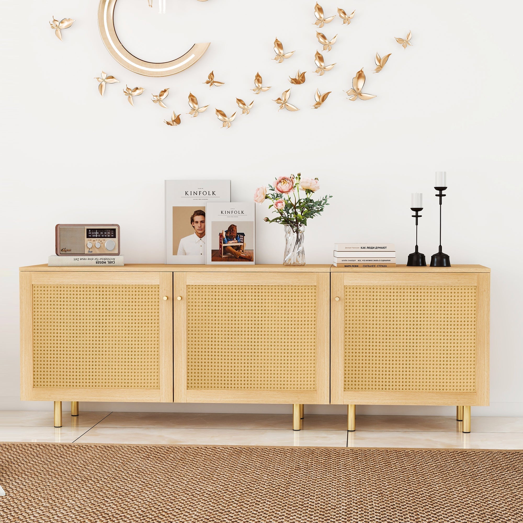 Modular Storage Cabinet Sideboard, 3-Door Rattan Rustic 180cm, Natural Wood Look