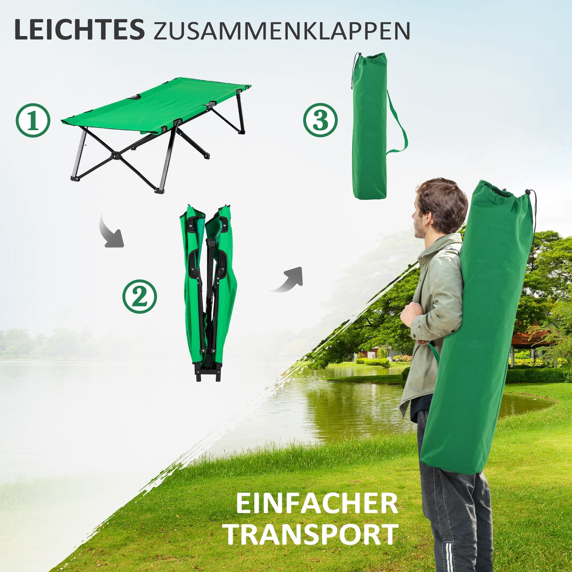 Camping Bed Foldable, 136 kg Load Capacity with Side Pocket, Oxford Green Black