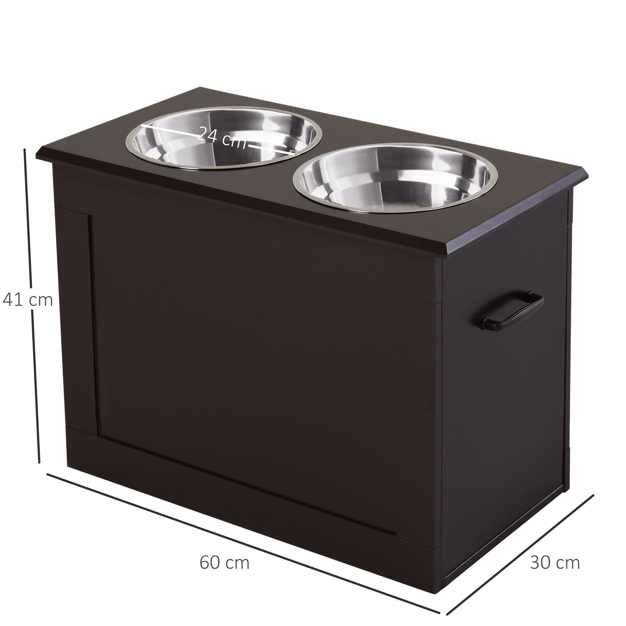 Dog Food Bowl, Elevated Feeder with Storage, 2 Stainless Steel Bowls, Espresso MDF