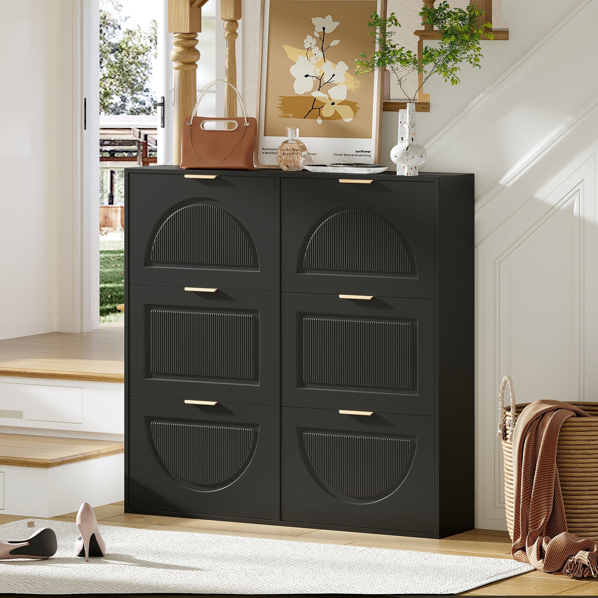 Shoe Cabinet 6 Flap Compartments Freestanding Open Shelves Black