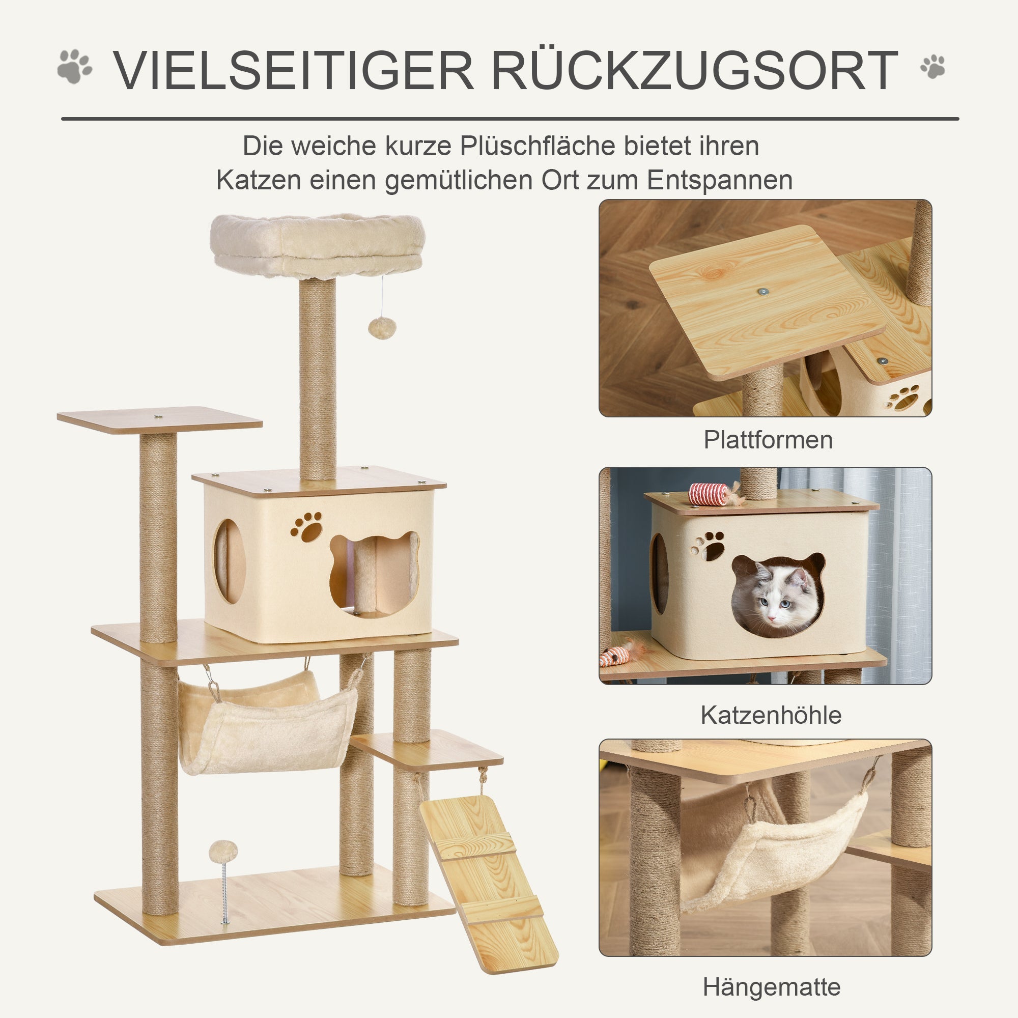 Cat Tree Wood with Climbing & Cave, Jute Posts, 60x40x130cm, Yellow
