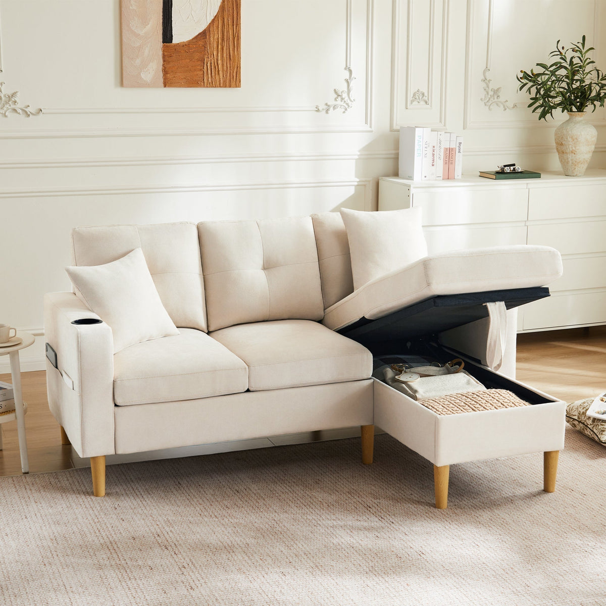 L-shaped modern sofa, 3-seater with chaise longue, storage, cup holder, 2 pillows