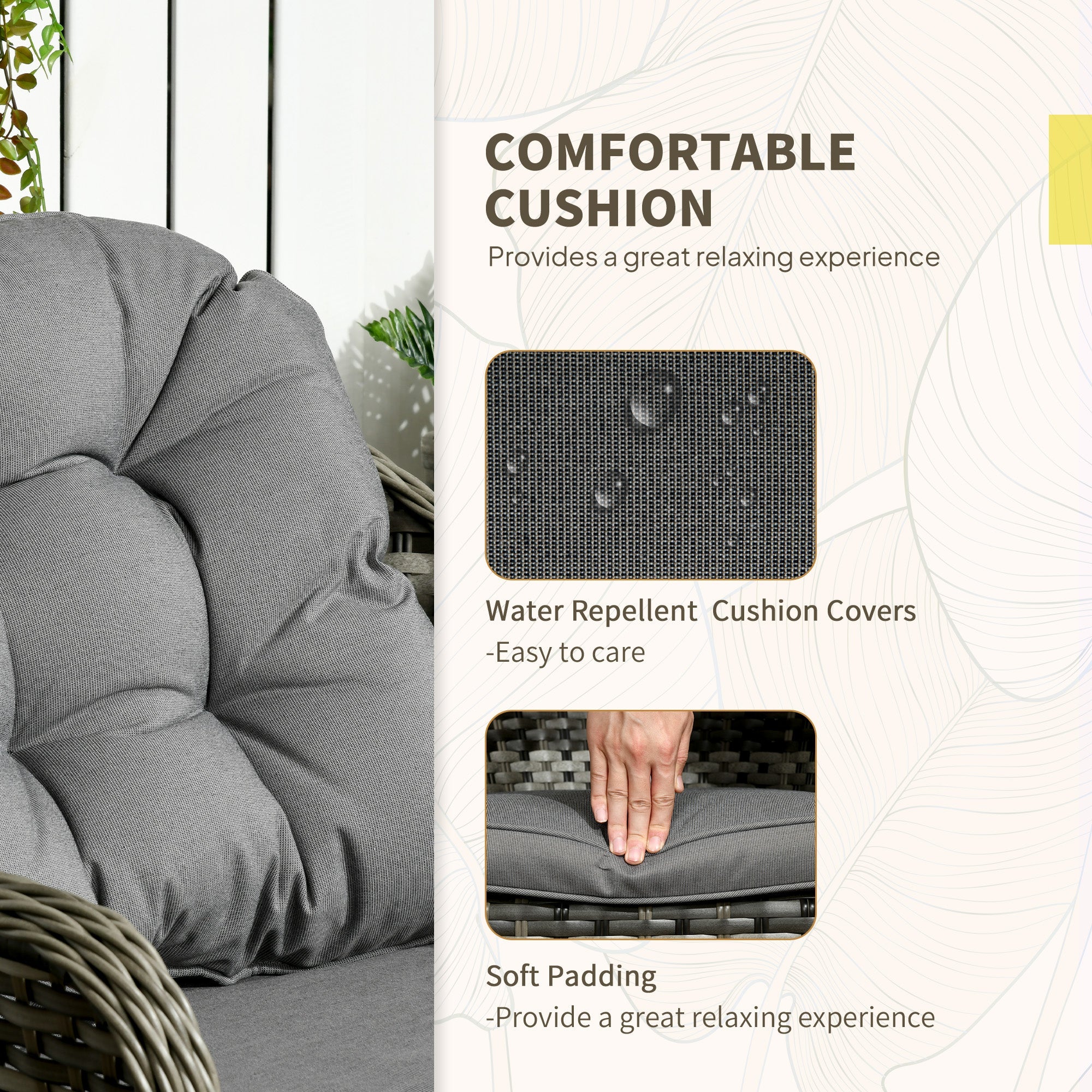 Rattan Bistro Set, 3 Piece Wicker Glass Table and Chairs with Cushions, Grey