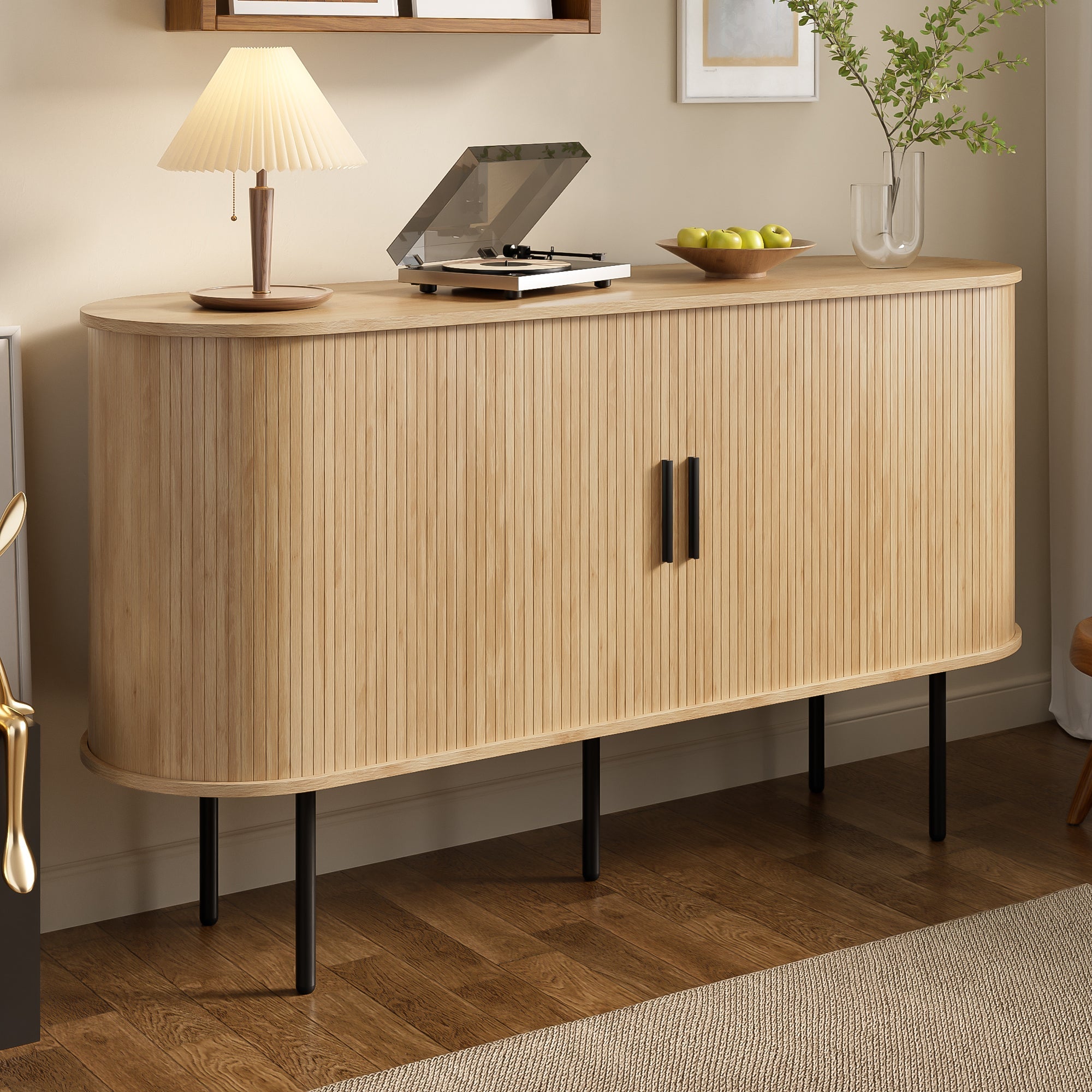MDF Sideboard, Roller Blind Doors, Aluminum Handles, Iron Legs