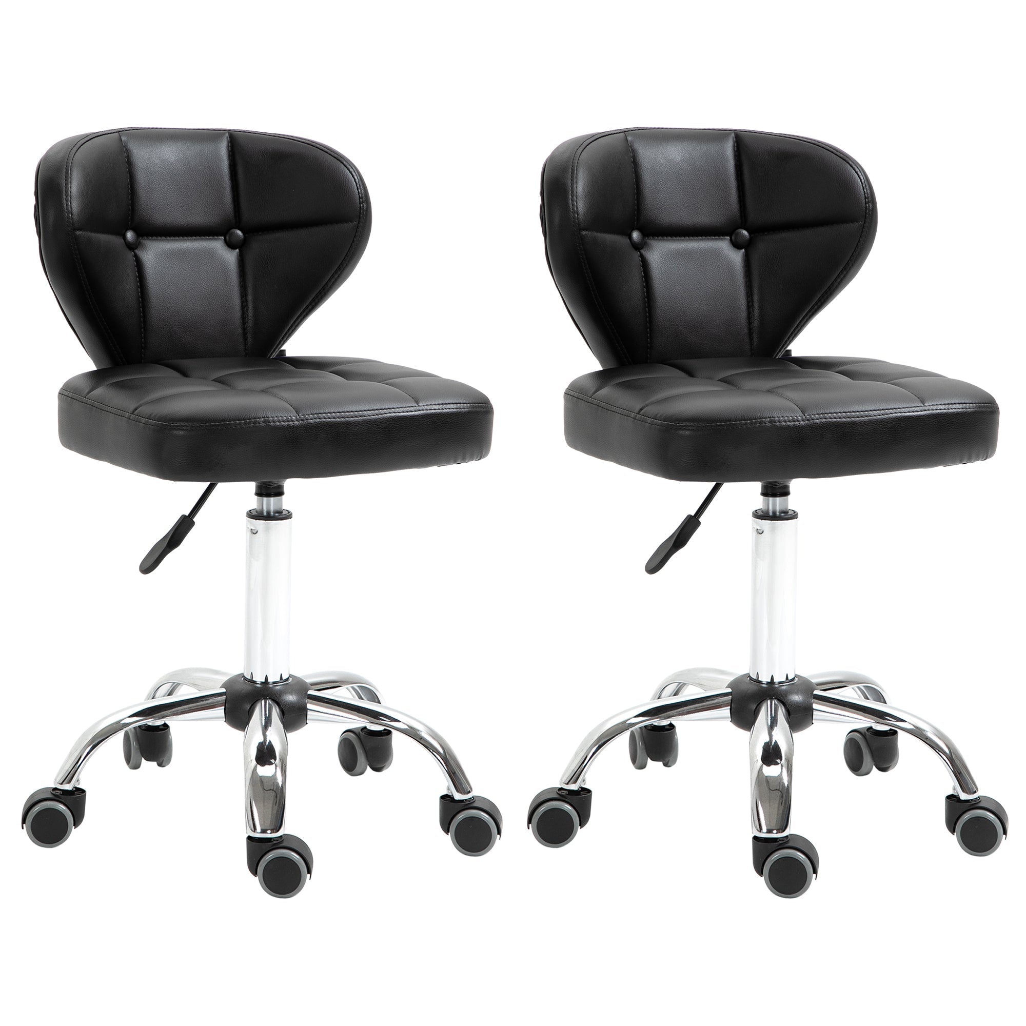 Rolling Stools, Set of 2, Swivel, Height-Adjustable, Dark Grey Faux Leather & Steel
