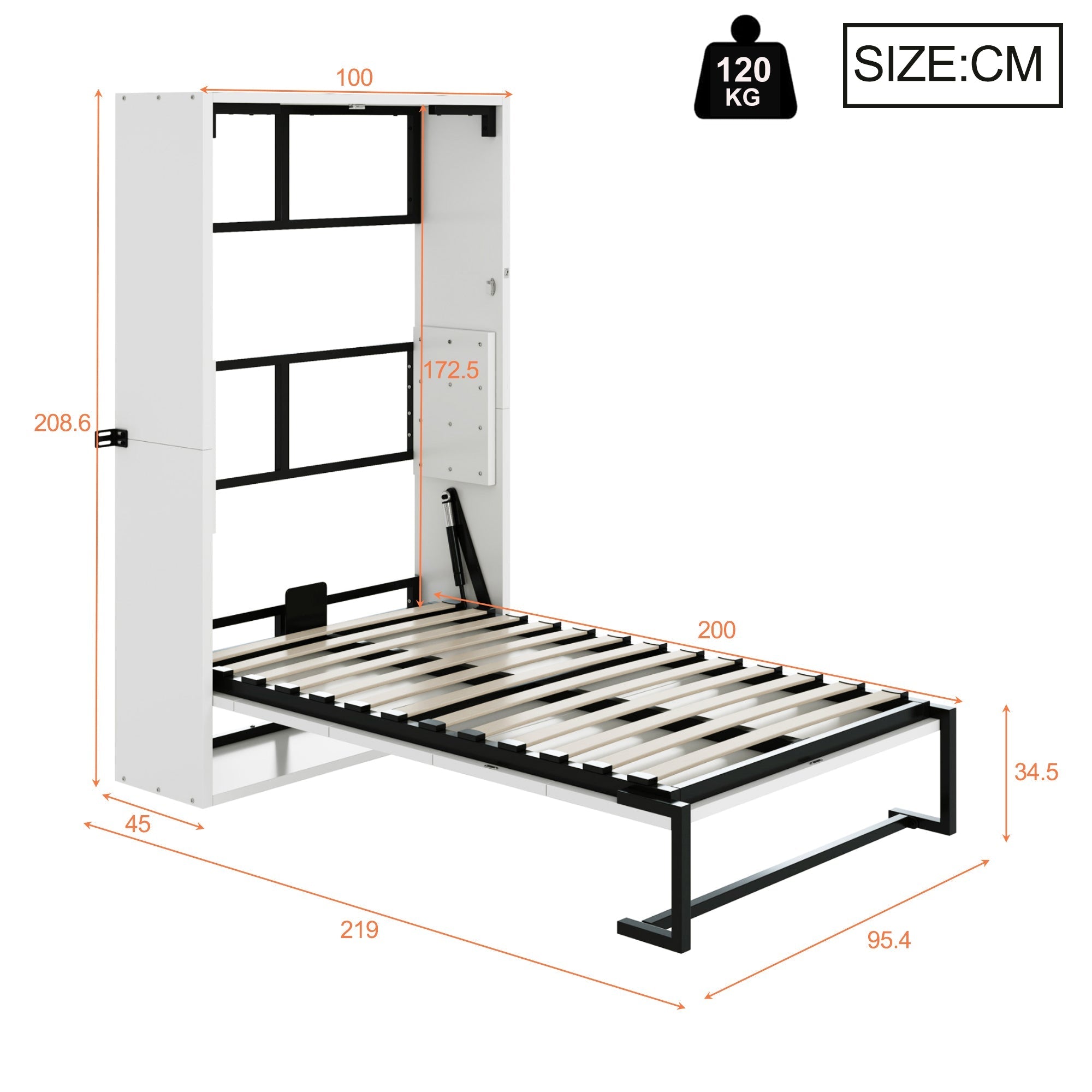 Murphy Wall Bed with Folding Metal Frame and Lockable Mounting, 90x200cm, Metal and Wood