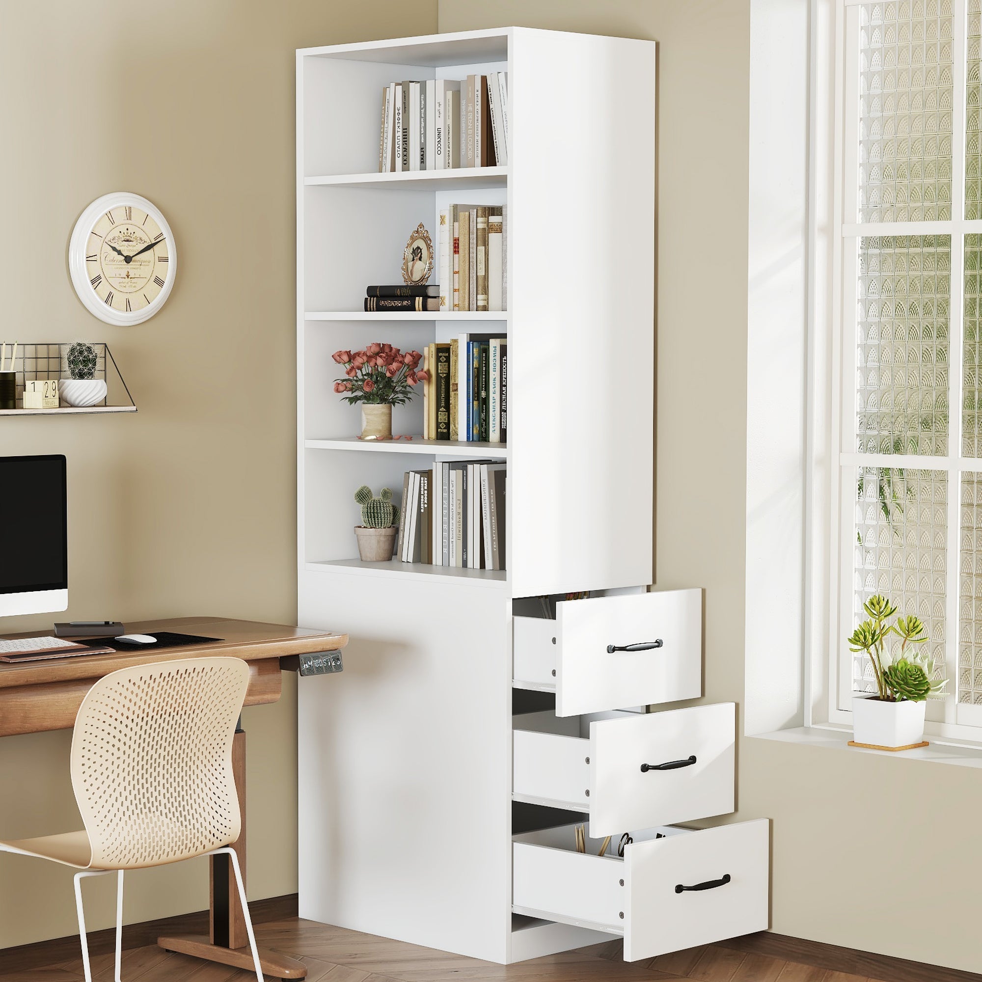 Bookcase, 180cm Extra-Narrow with Side Drawers, Adjustable Shelves, Living Room Tall Cabinet