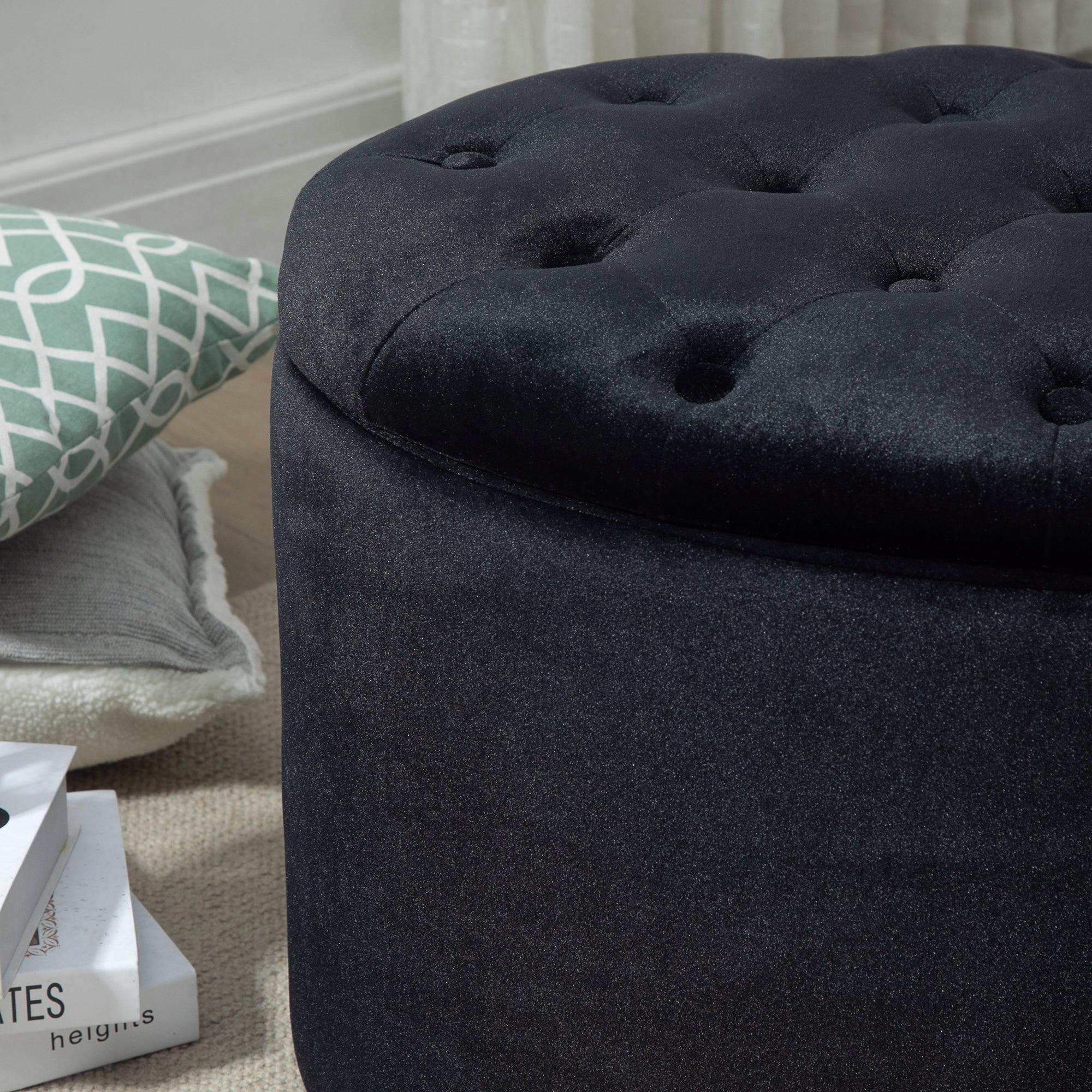 Bench Upholstered Modern Storage Oval Shape, Velvety Polyester Black