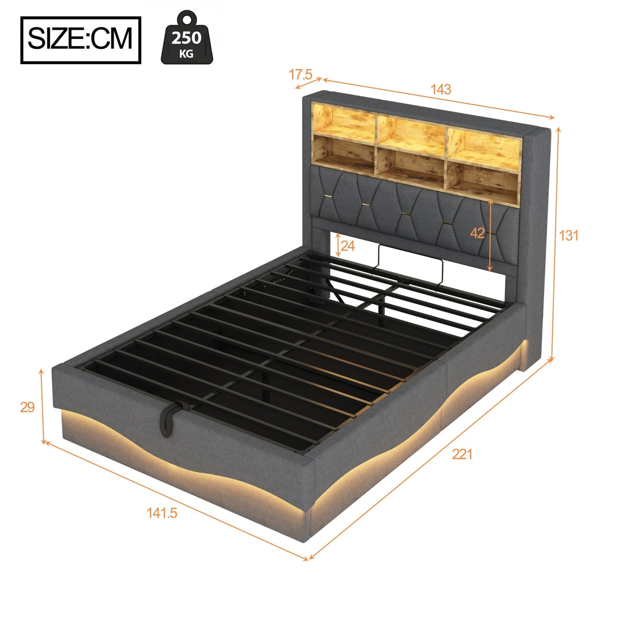 Upholstered Bed 140x200 Hydraulic Storage LED/USB Slatted Frame, Linen Grey