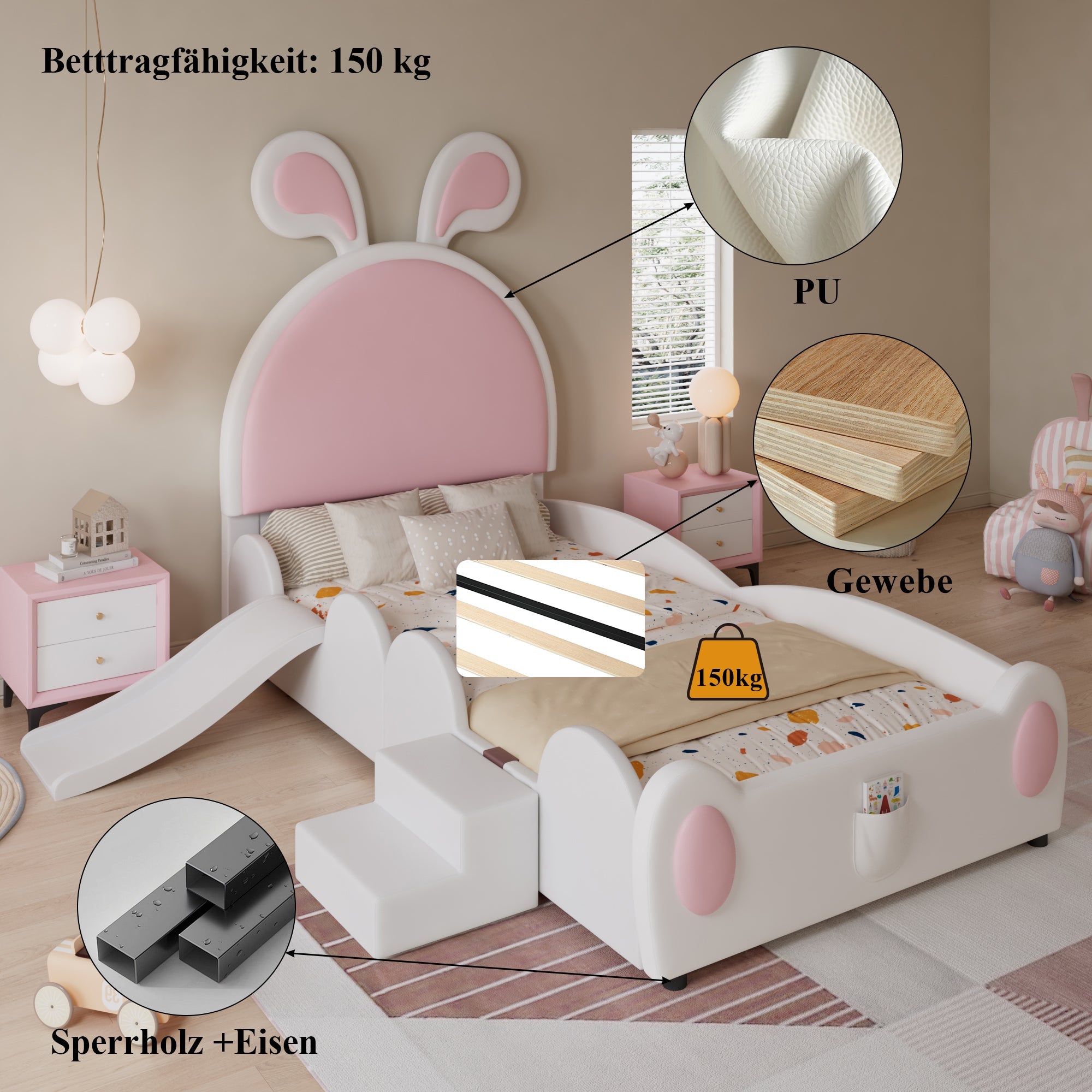 Upholstered Single Bed with Slide, Bunny Ears Headboard, 90x200cm, PU White/Pink