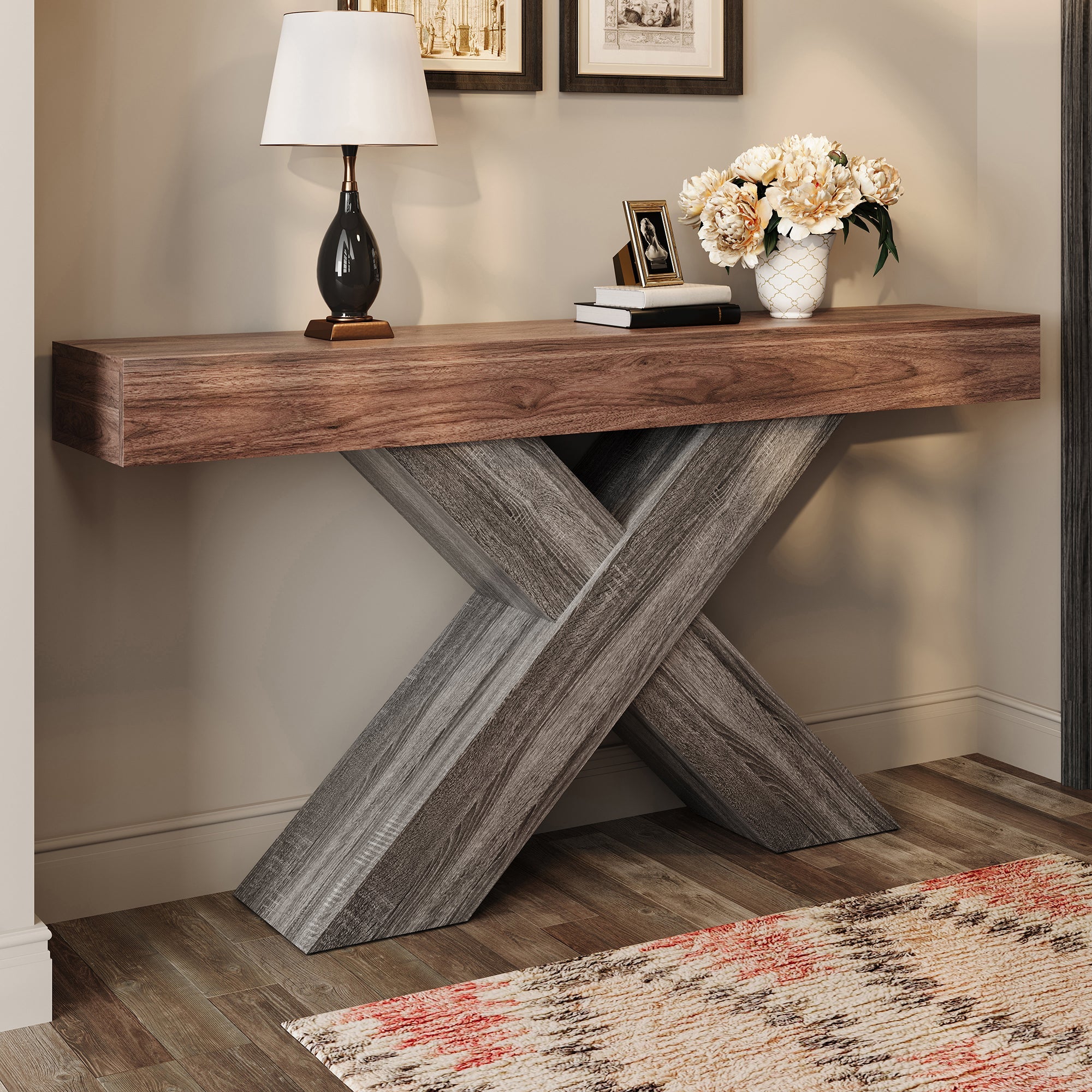 Console Table with X-Shaped Legs, Narrow Side Table for Hallway and Living Room, Wood Look Chipboard