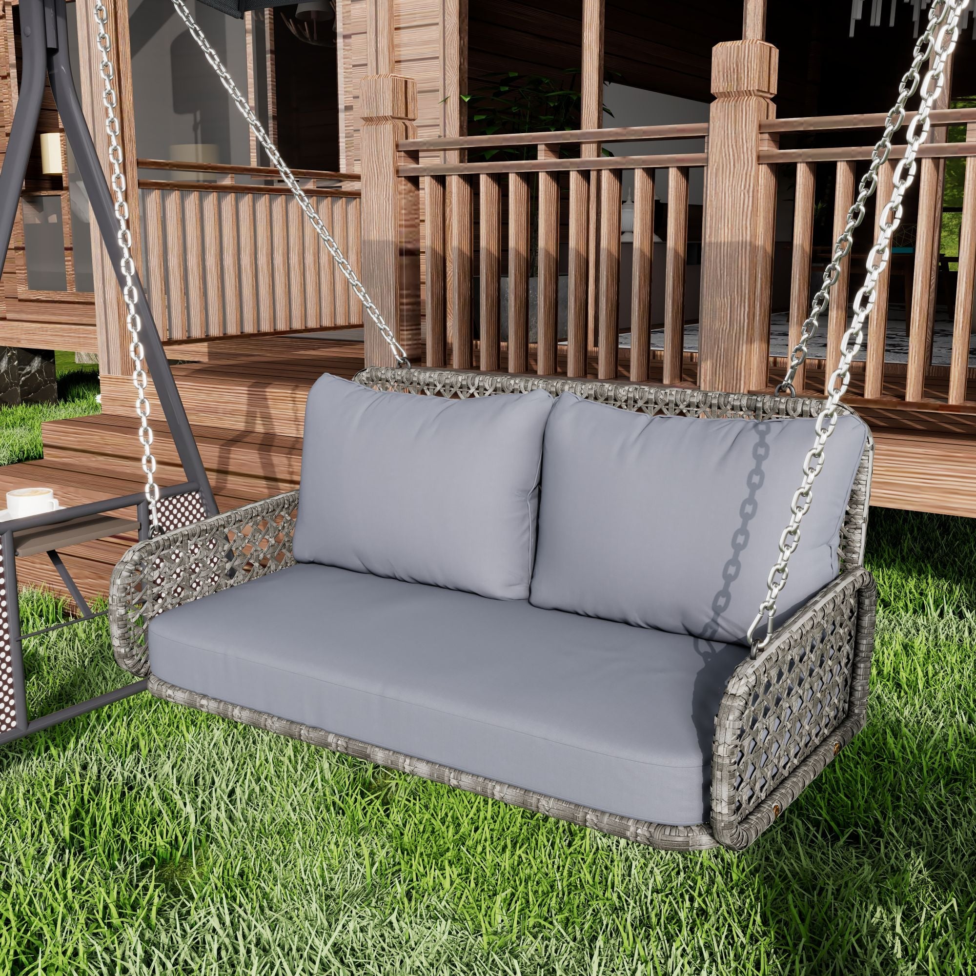 PE Rattan Double Swing Seat with Cushions and Chains, Grey