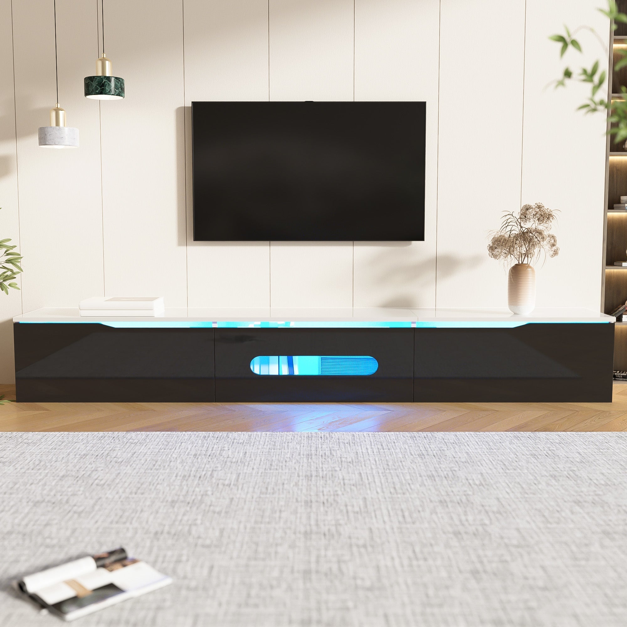 TV Cabinet 180cm LED Wall-Mountable High-Gloss Black and White