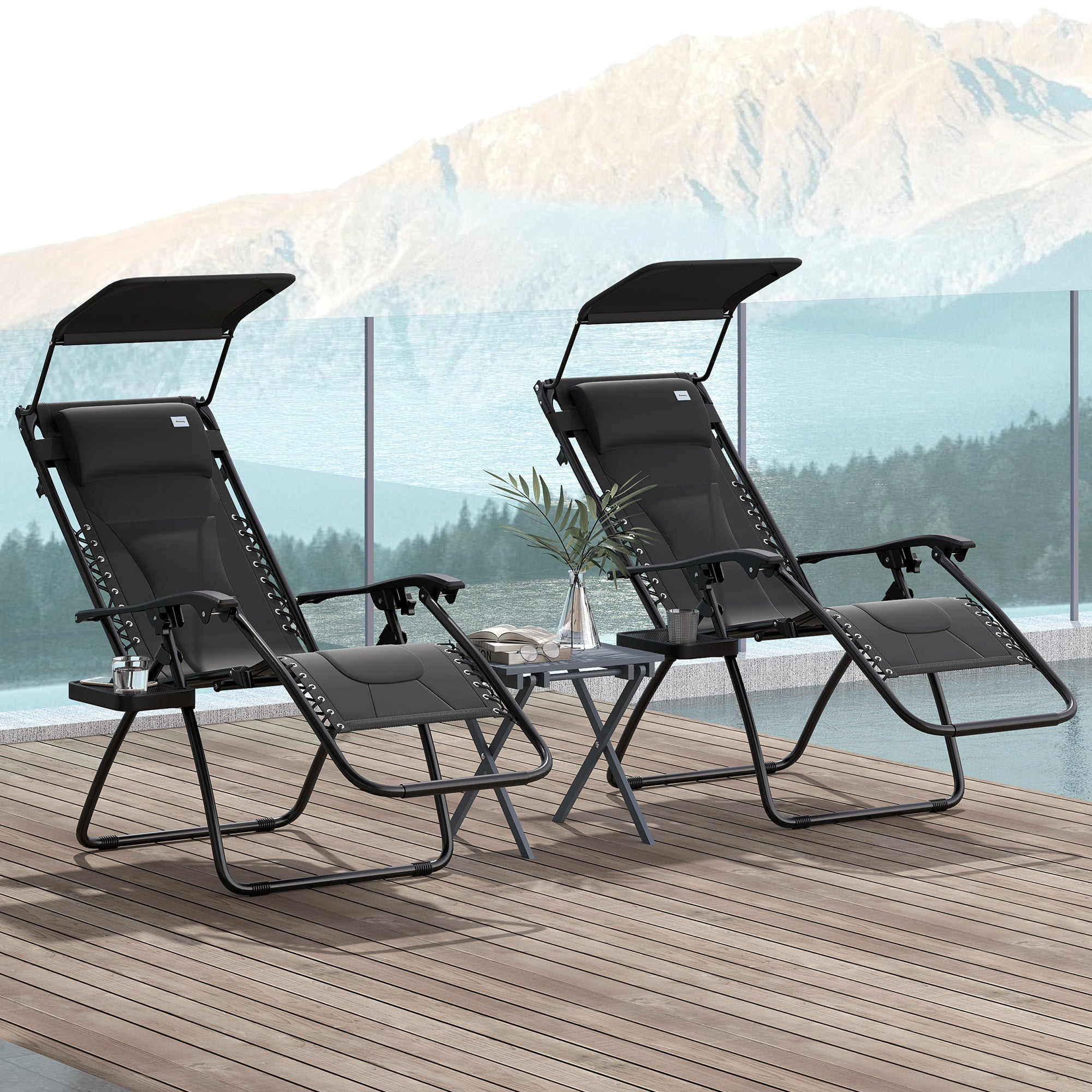 Zero Gravity Lounger Chair Set of 2, Folding Reclining with Shade and Cup Holder, Black