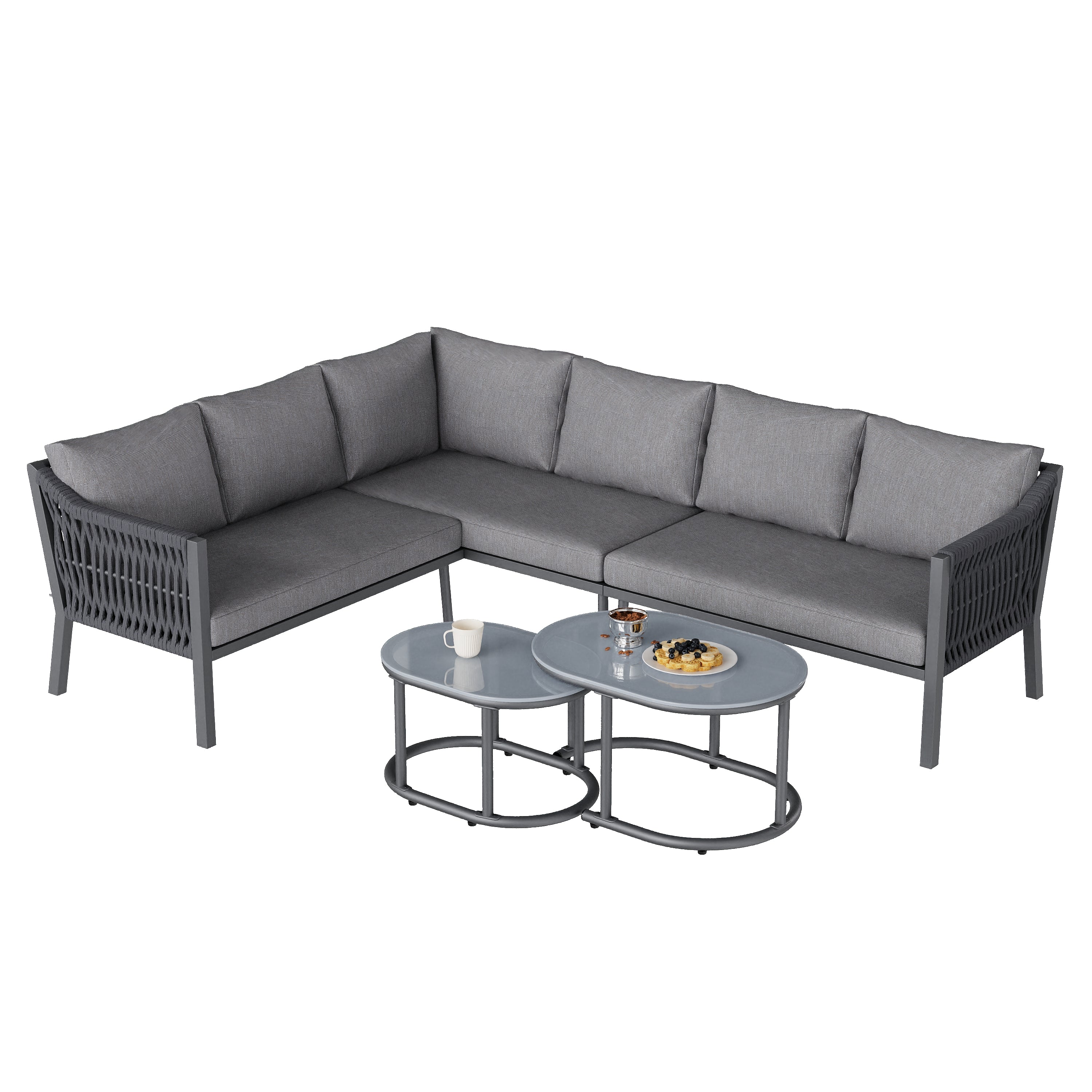 Garden Dining Set for 6 People with Corner Sofa and Two Coffee Tables, Hand-Woven Rope and Galvanized Iron, Grey
