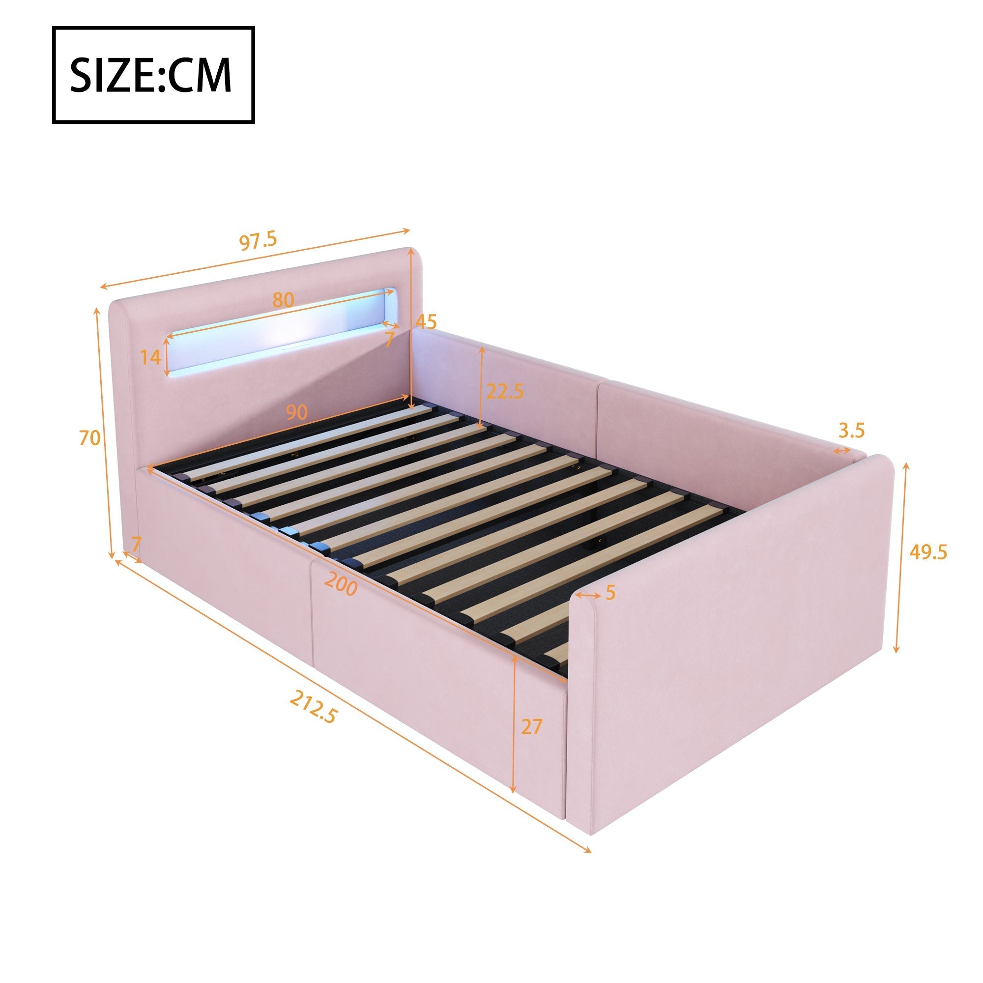 Upholstered Children's Bed with LED, USB Charging and Hydraulic Storage, 90x200cm Velvet