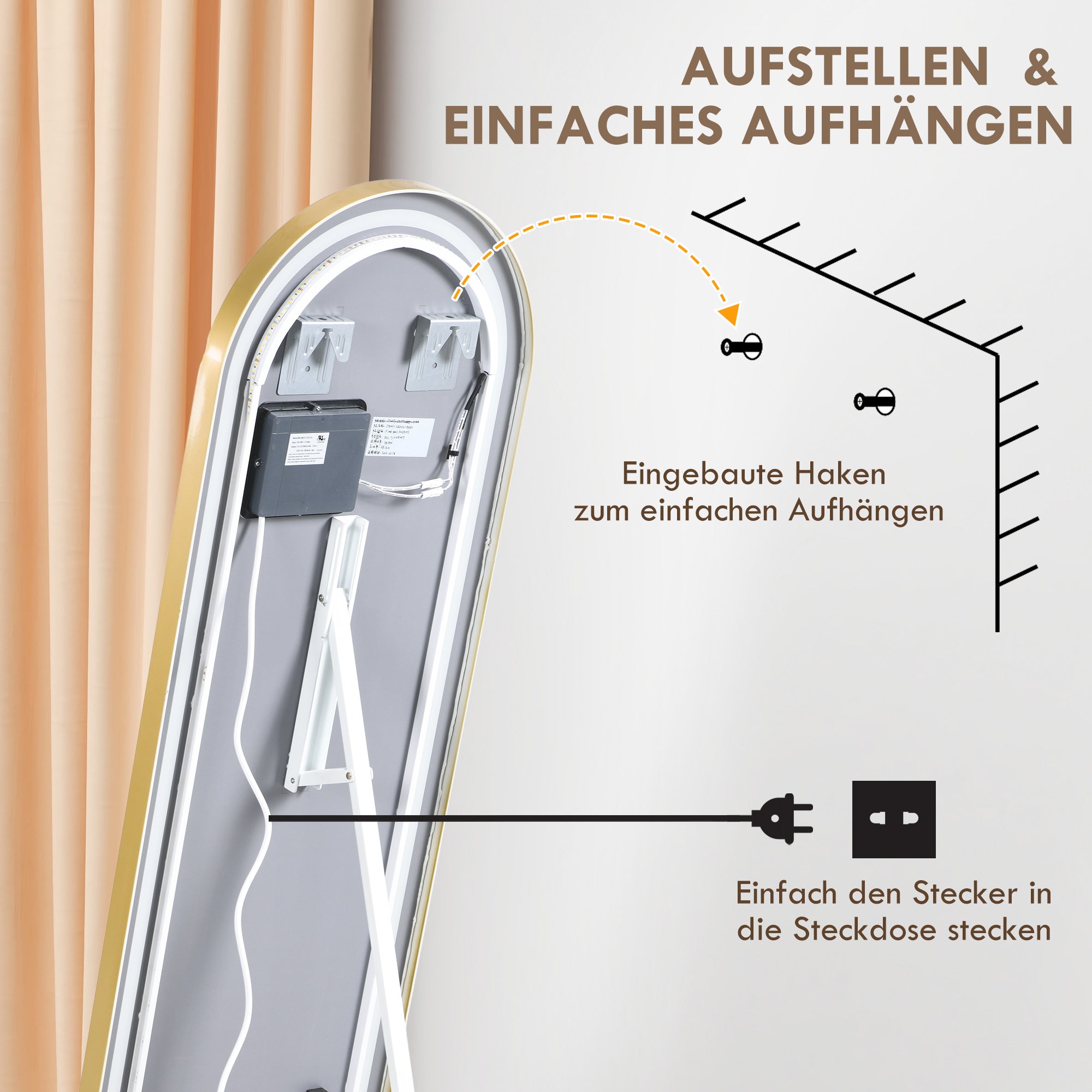 Ganzkörperspiegel, dimmbare LED, Wand- & Standspiegel, Touch-Schalter, Gold