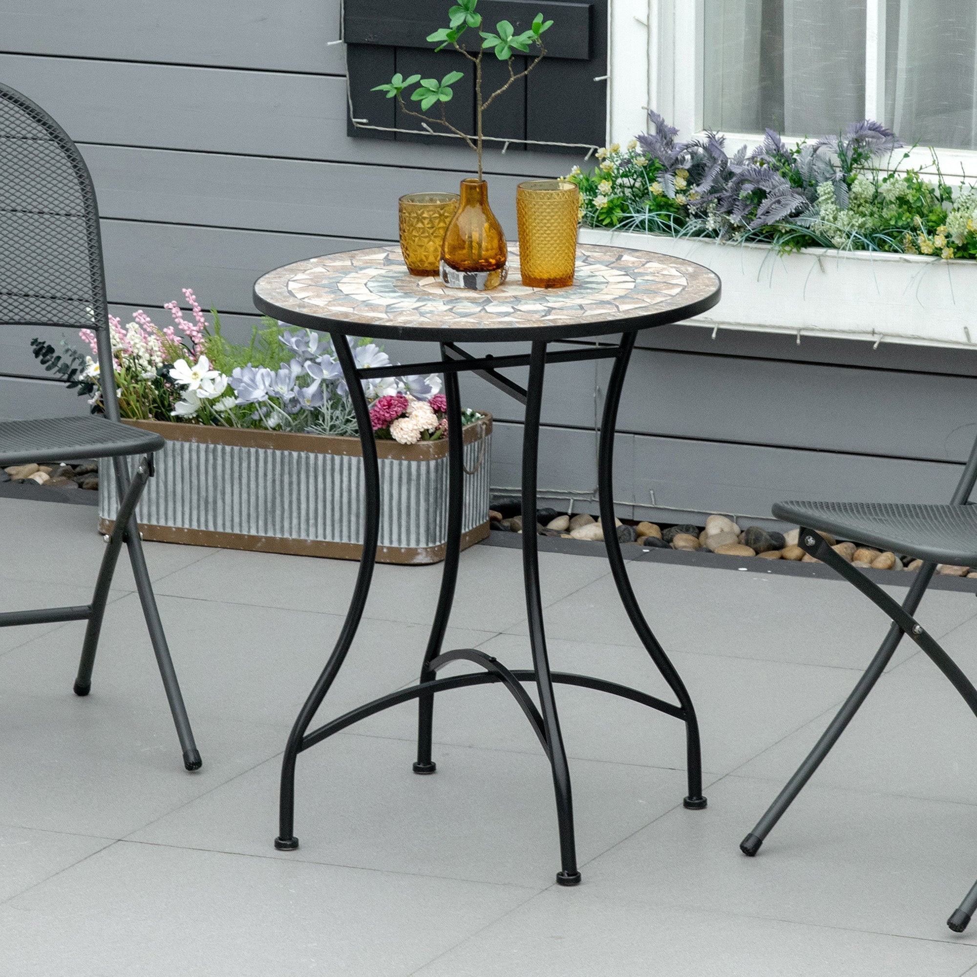 Garden Table, Round Bistro Mosaic Top Ø60cm, Ceramic Green/Beige/White
