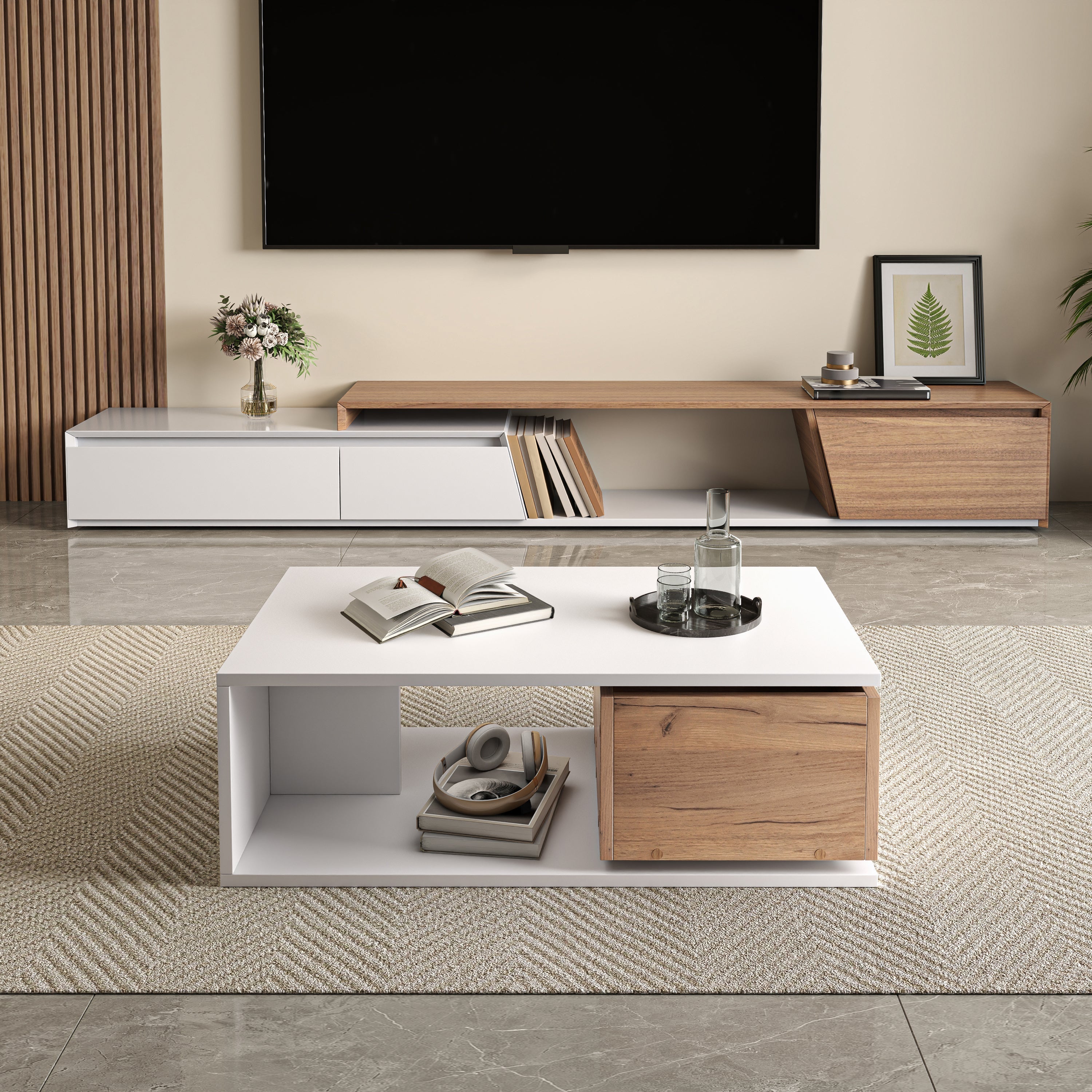 Coffee Table High-Gloss 360° Rotating Drawer Storage 90x50x30cm - White/Wood