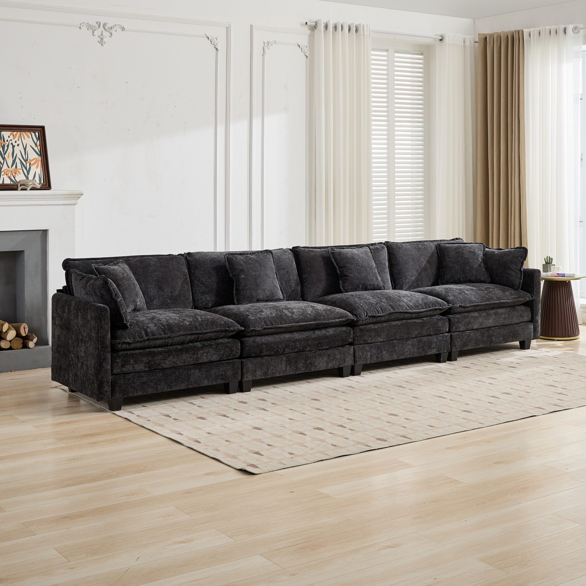 Cloud Sofa 4 Seats, Modern Sectional Couch with Double Layer Cushions, Black Chenille Fabric