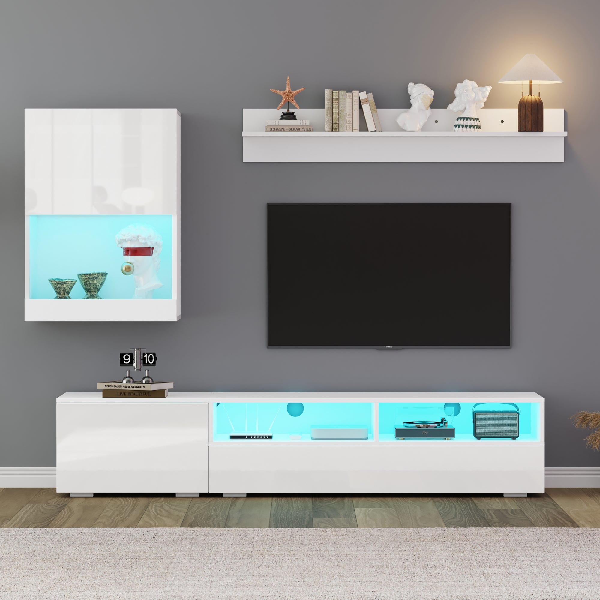 TV Wall Unit Set with Display Cabinet, 3-Piece Media Unit, LED High Gloss, White