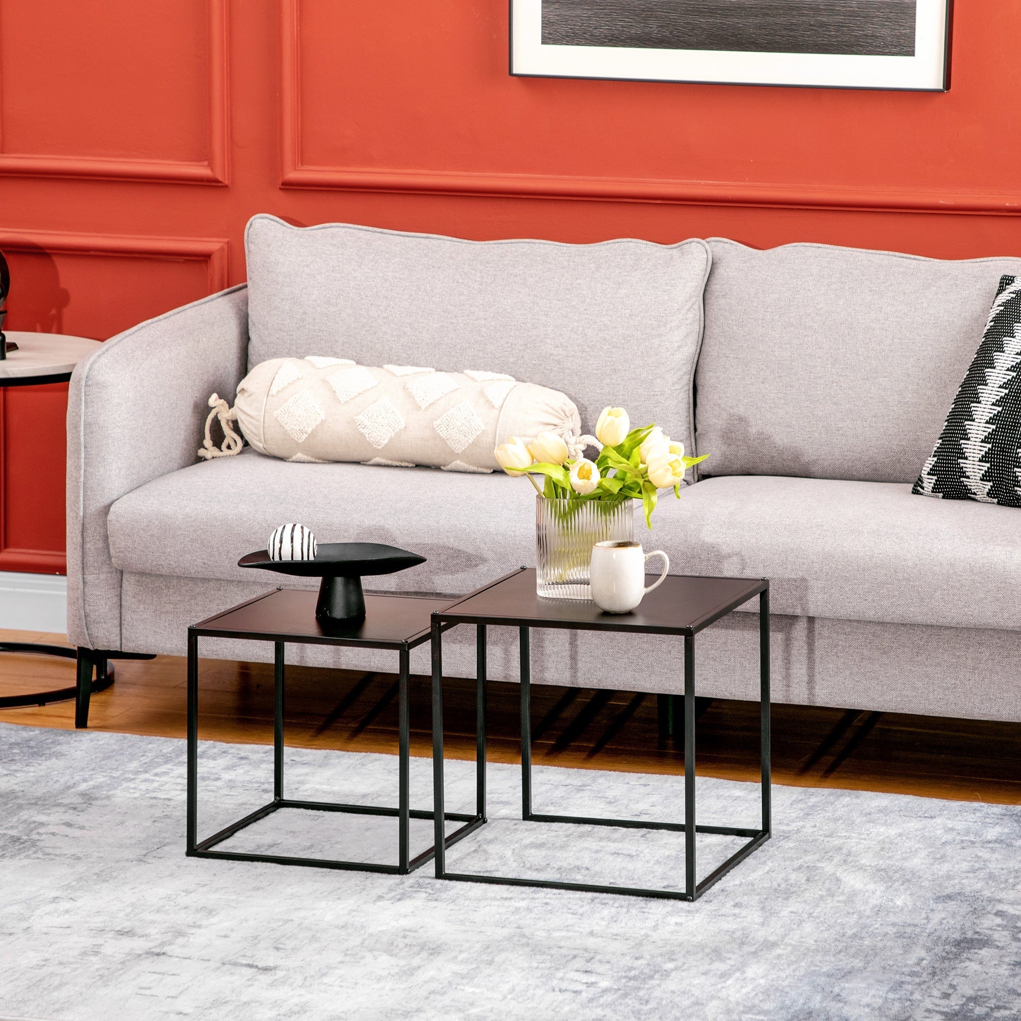 Couchtisch-Set, 2 Beistelltische, modernes Stahl-Design, Schwarz