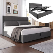 Upholstered Double Bed 140x200cm Adjustable Headrests Hydraulic Storage, Linen Grey