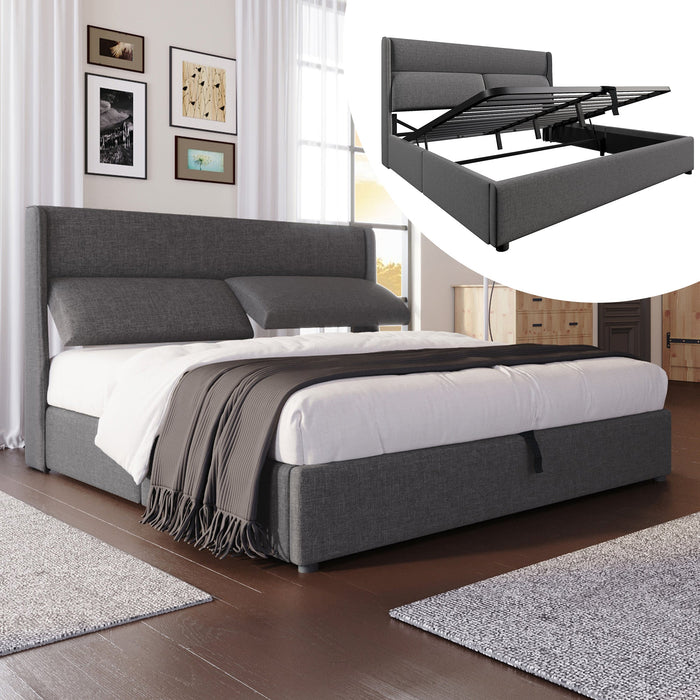 Upholstered Double Bed 140x200cm Adjustable Headrests Hydraulic Storage, Linen Grey