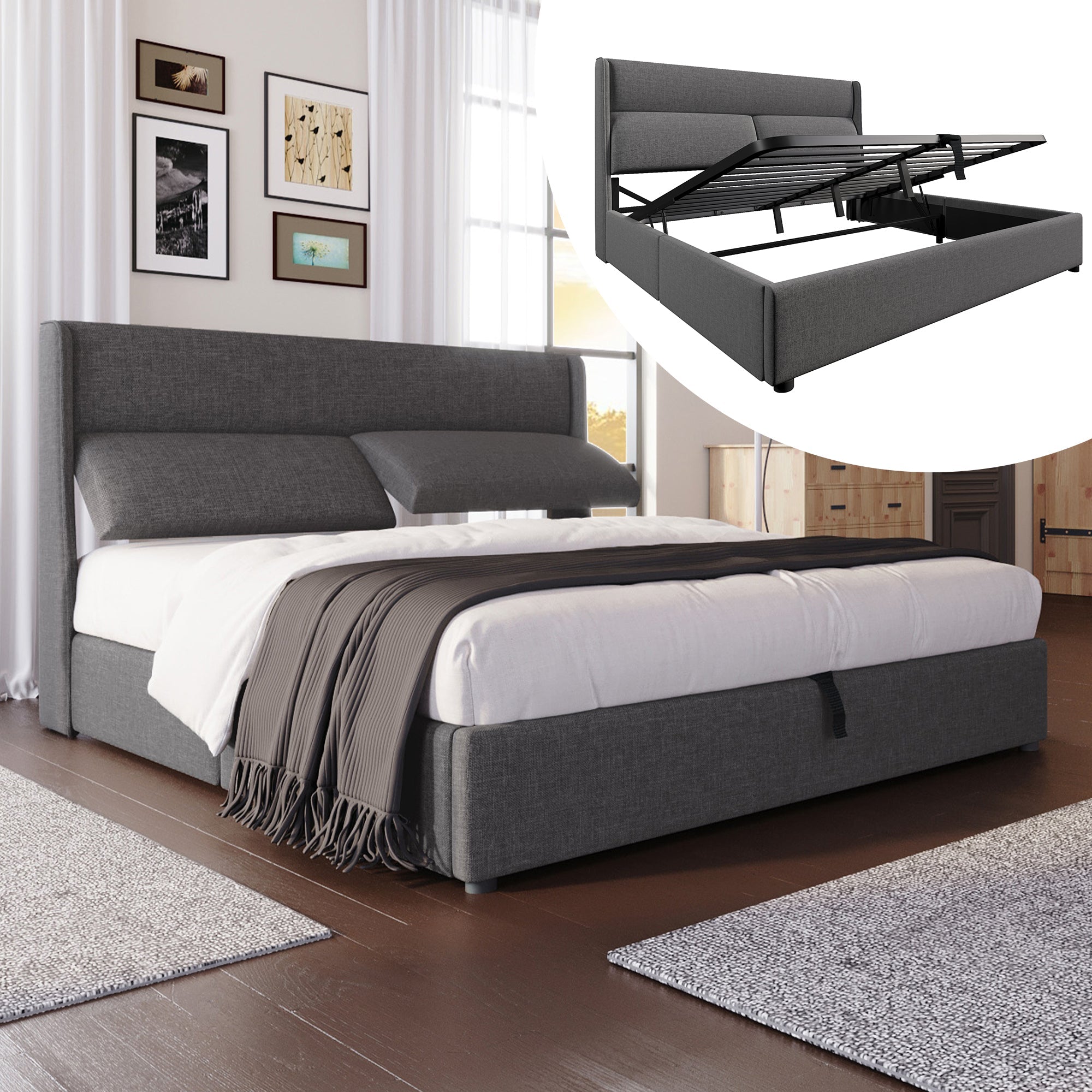 Upholstered Double Bed 160x200cm Hydraulic Storage Adjustable Headrests Linen Grey