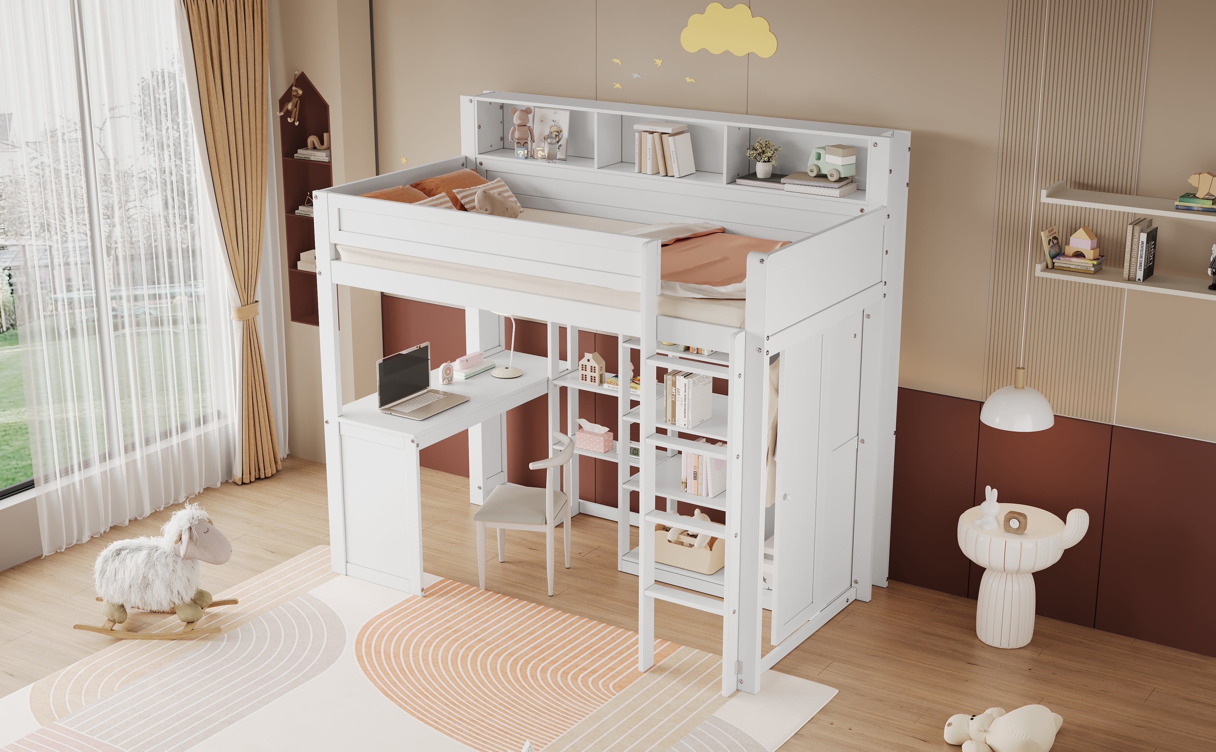 Bunk Bed with Table & Wardrobe, Safety Gate & Shelves, Pine+MDF+Plywood, White, 90x200cm