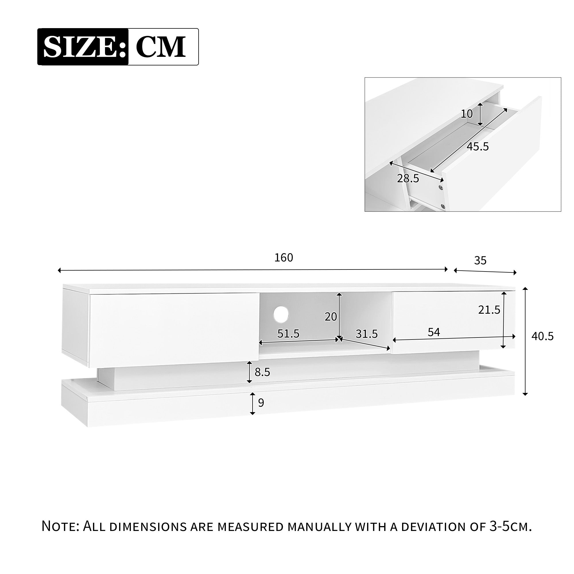 TV Cabinet with LED Lighting, 2-Drawer, Anti-Tip, for 60-inch TVs, White High-Gloss