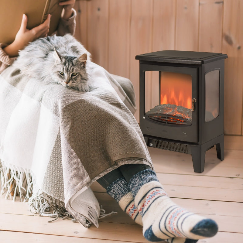Freestanding Electric Fireplace Heater 900W/1800W Adjustable Flame Tempered Glass Black Metal