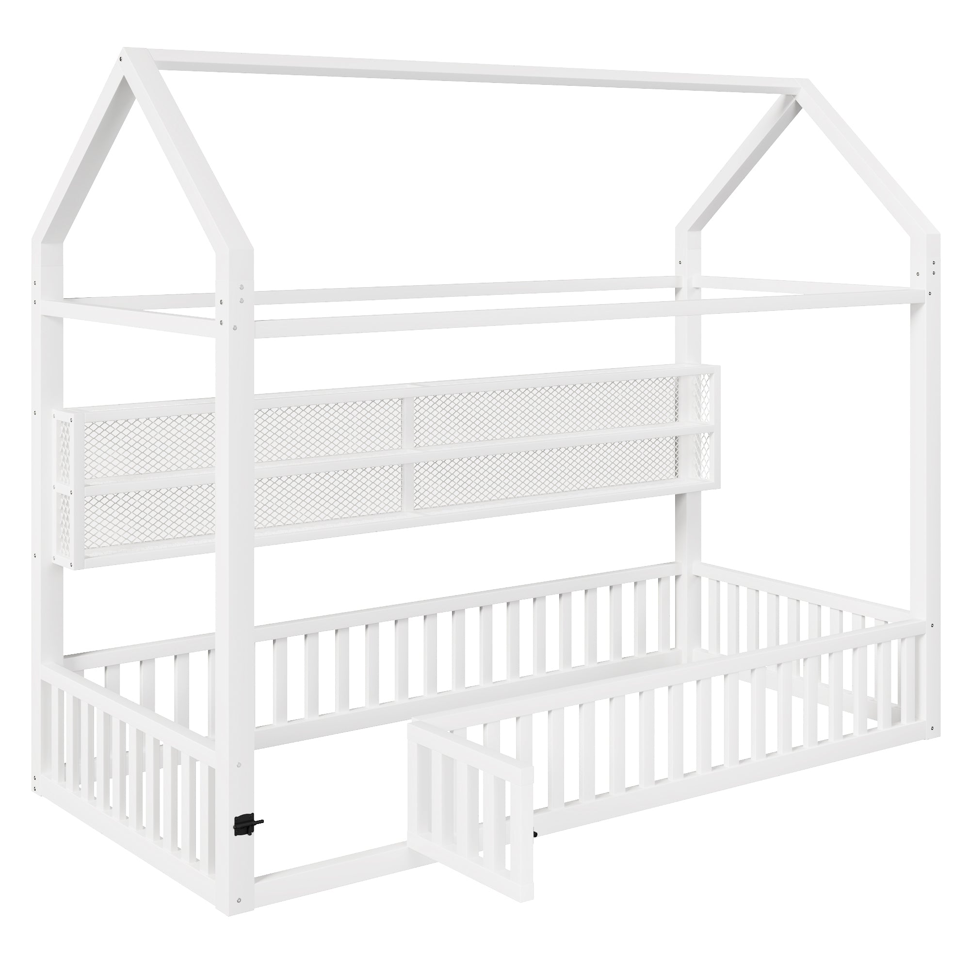 House-Shaped Platform Bed with Fence and LED Lighting, 90x200cm, White Metal