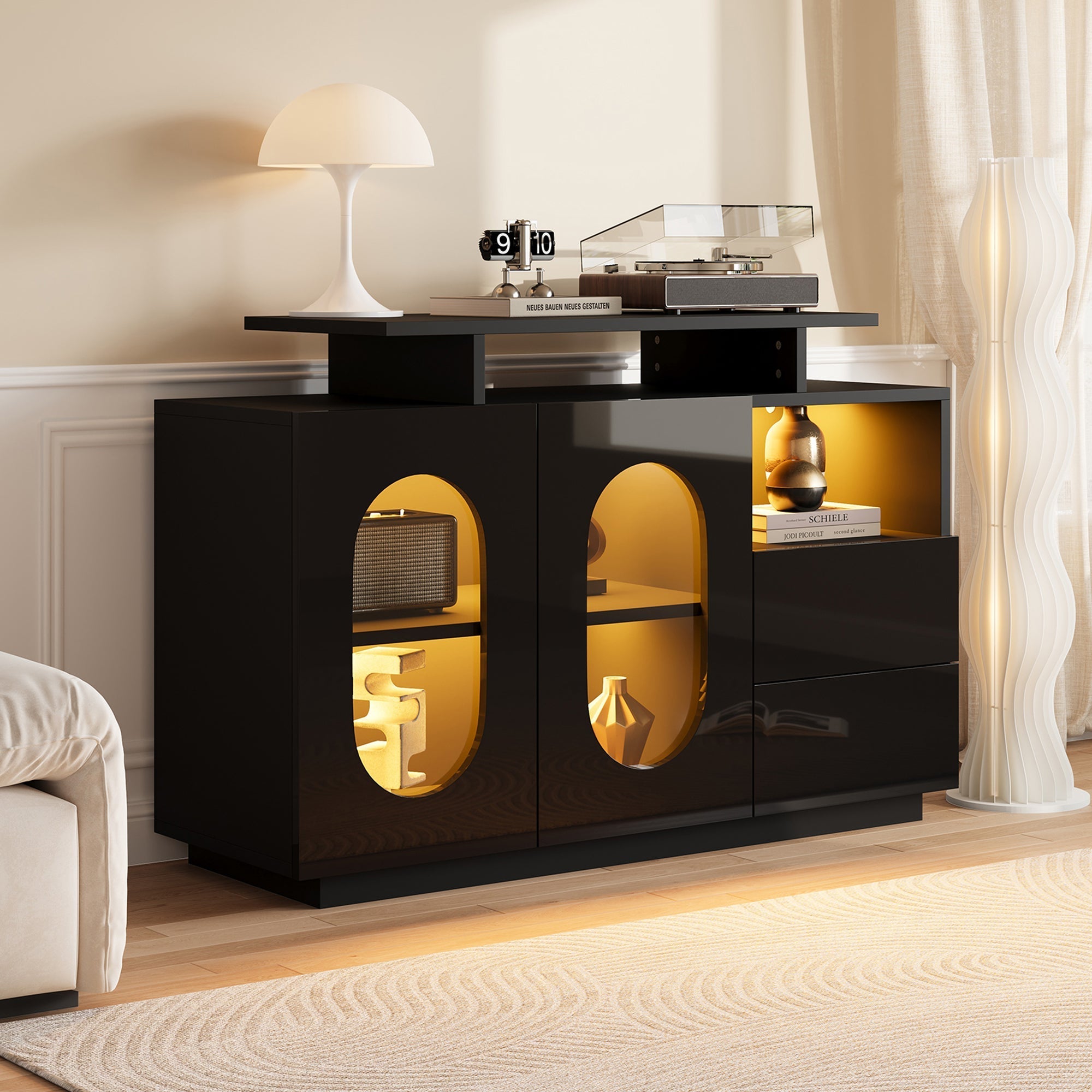 LED Sideboard High-Gloss Oval Glass Doors Storage - Black