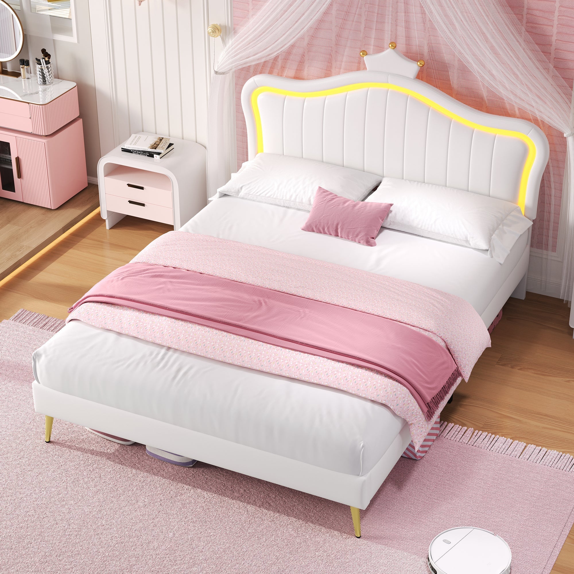 4ft6 Double Upholstered Bed with LED Adjustable Crown Shape Headboard, Cream White PU Leather