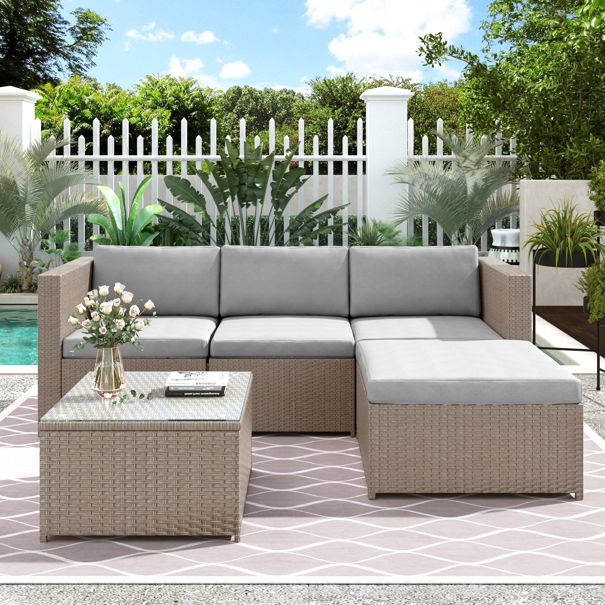 Polyrattan Lounge Sofa Set with Cushions and Glass Top Table, Khaki