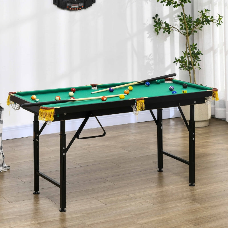 Pool Table with Folding and Height-Adjustable Design, Includes 2 Queues and 16 Balls, Green