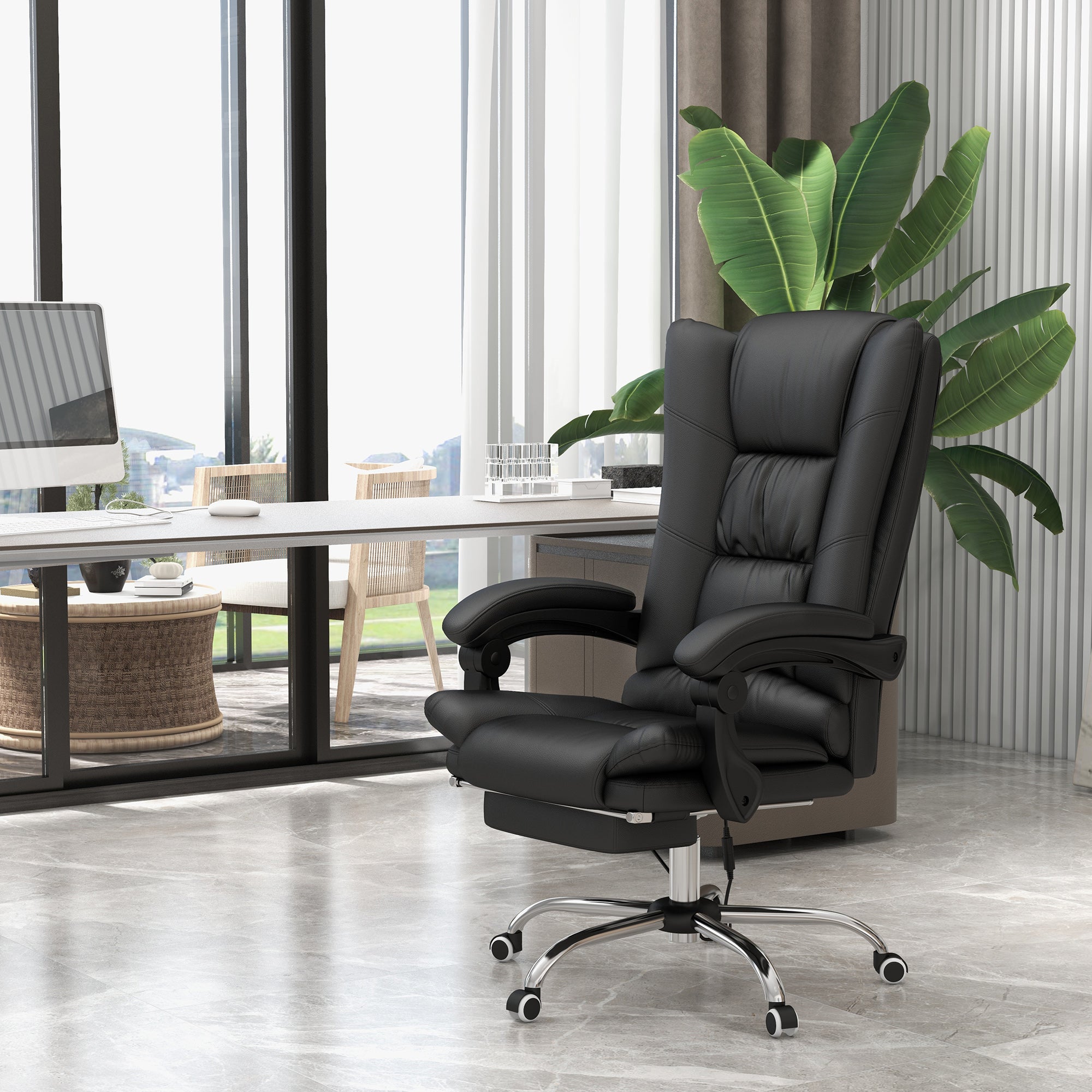 High Back Office Chair, Vibration Massage Heated Reclining 135° Footrest, PU Leather Black