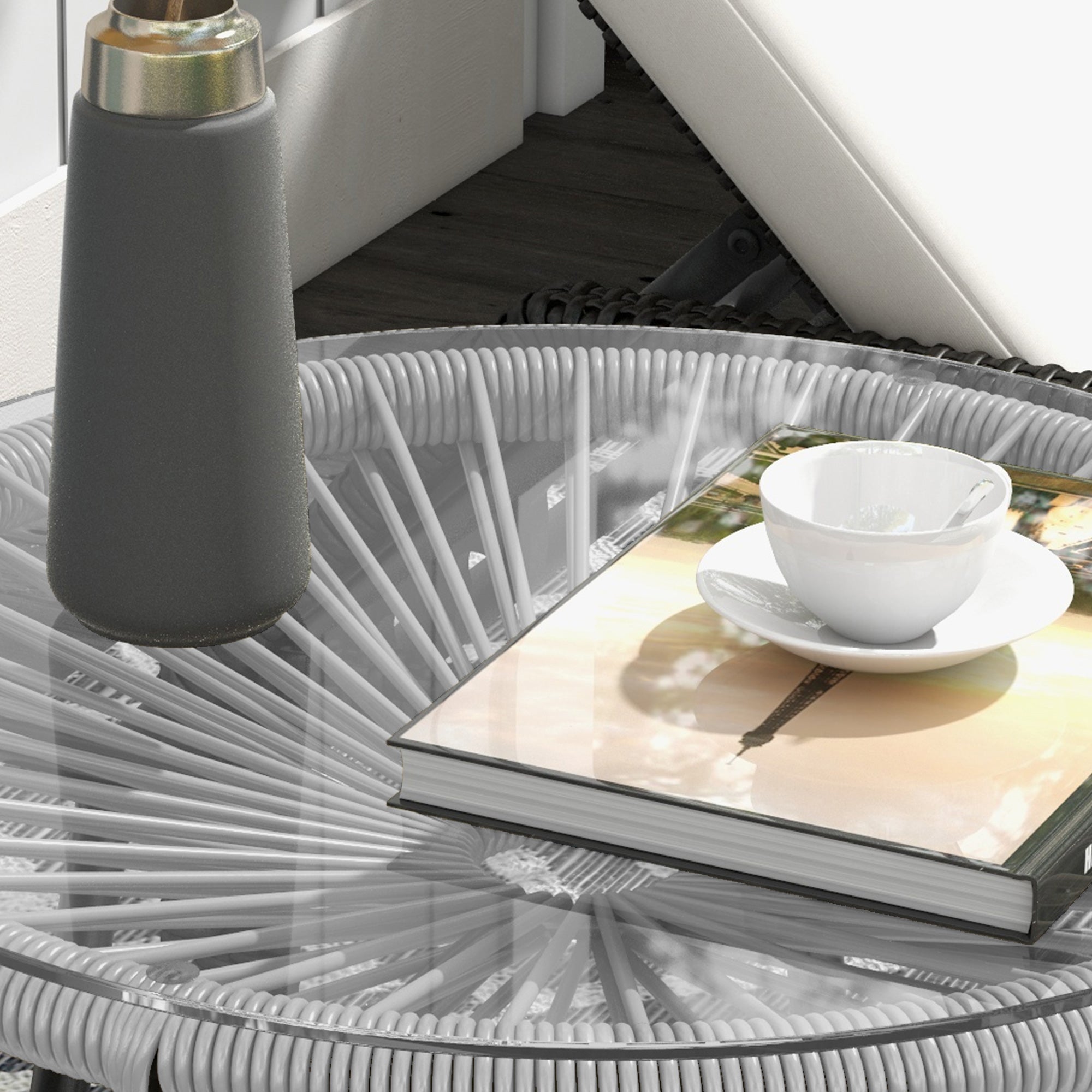 Rattan Table Round Glass Top 50x50x50cm Black/Grey
