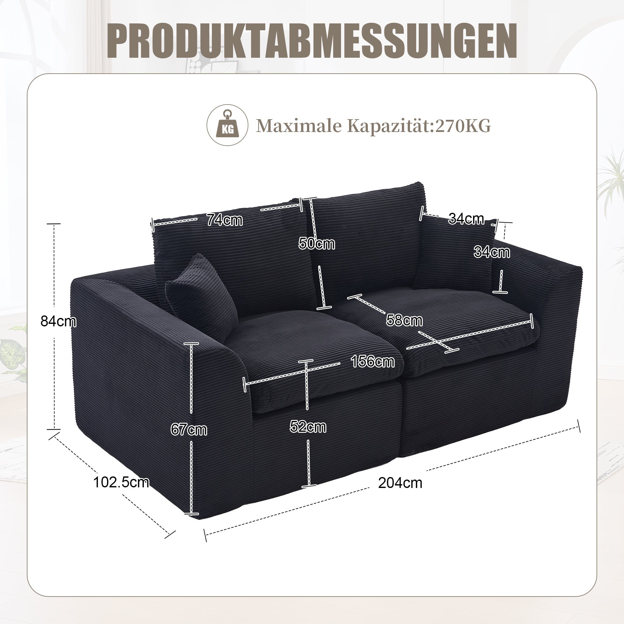 Modern Two-Seater Sofa, Nordic-Style Comfortable with Cushions, Fabric