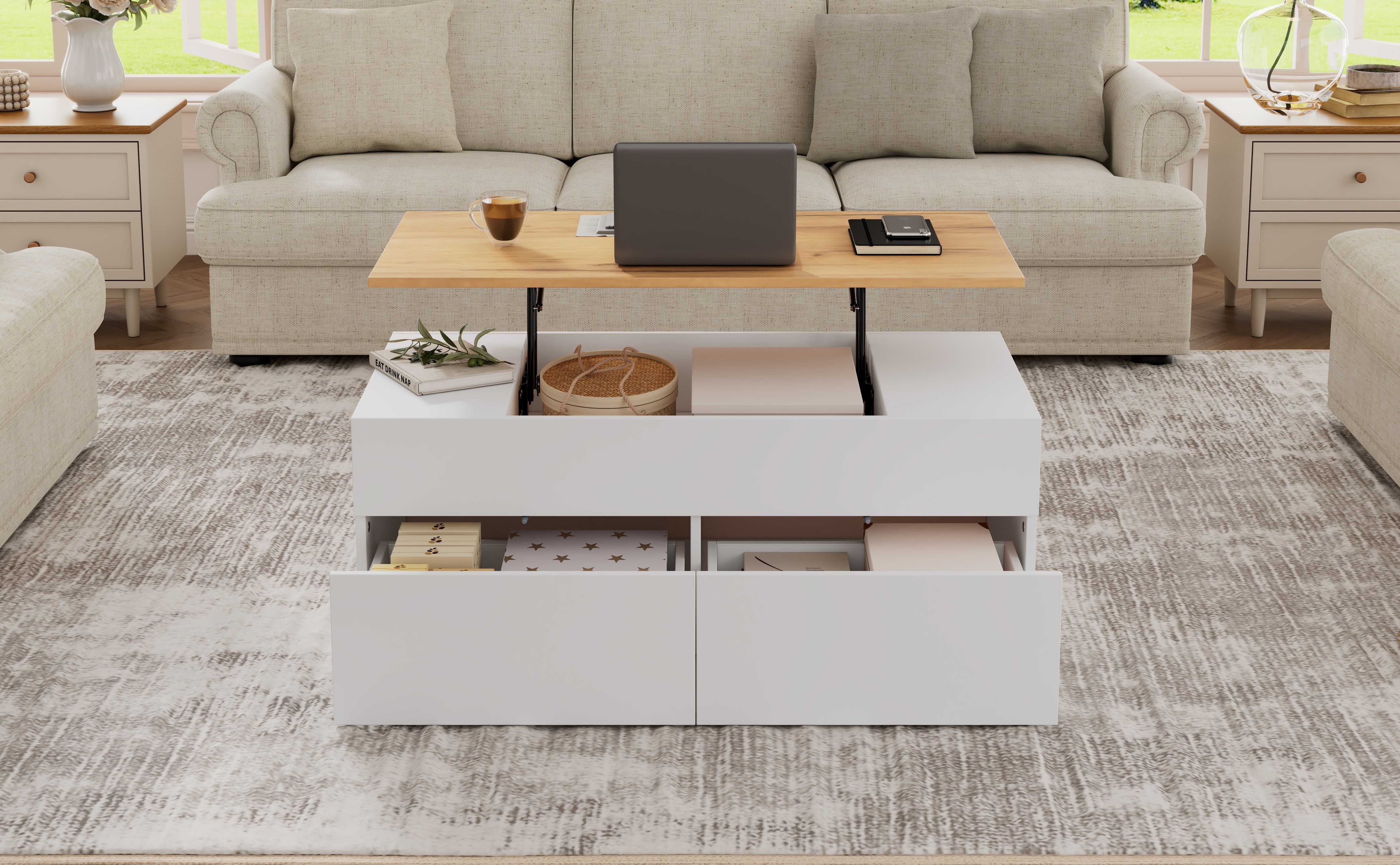 Coffee table height-adjustable with hidden storage, 2 drawers, white + wood color