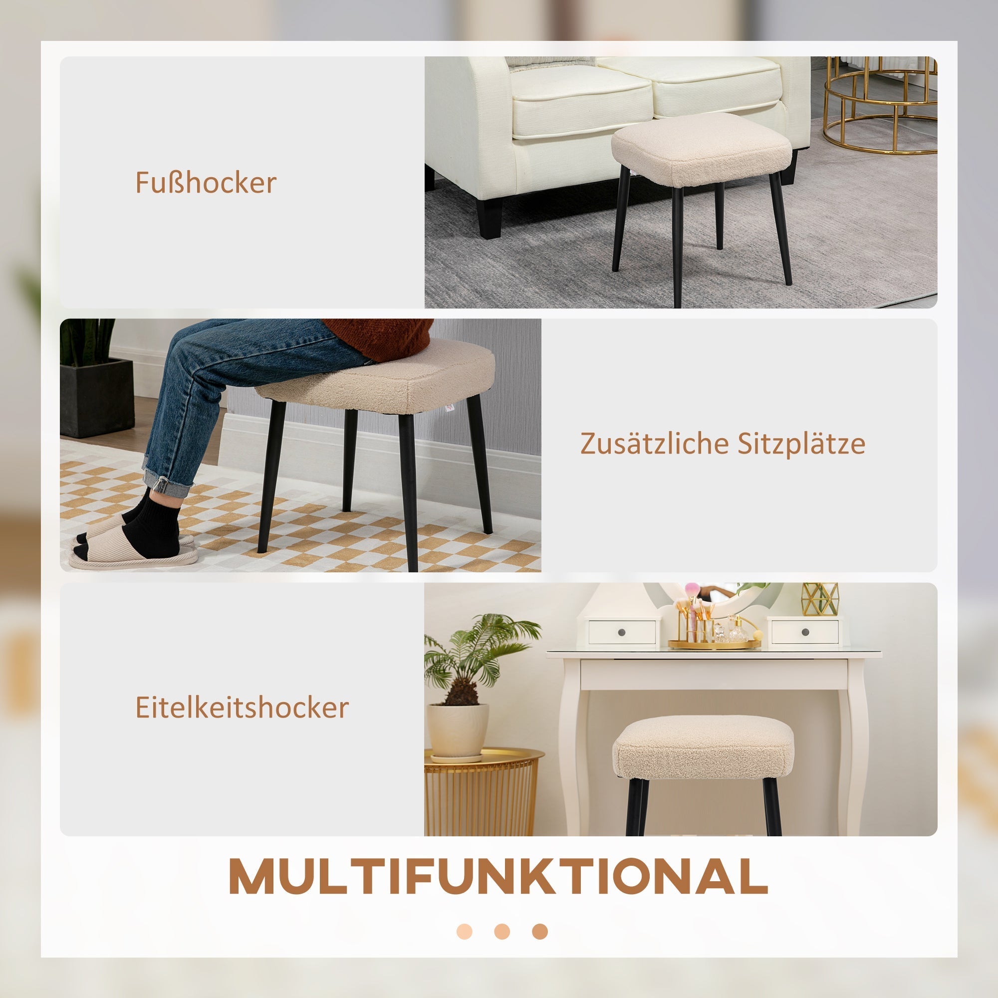 Hocker Quadratischer Hocker Schminkhocker Stahlbeine Kaschmir-Optik Beige