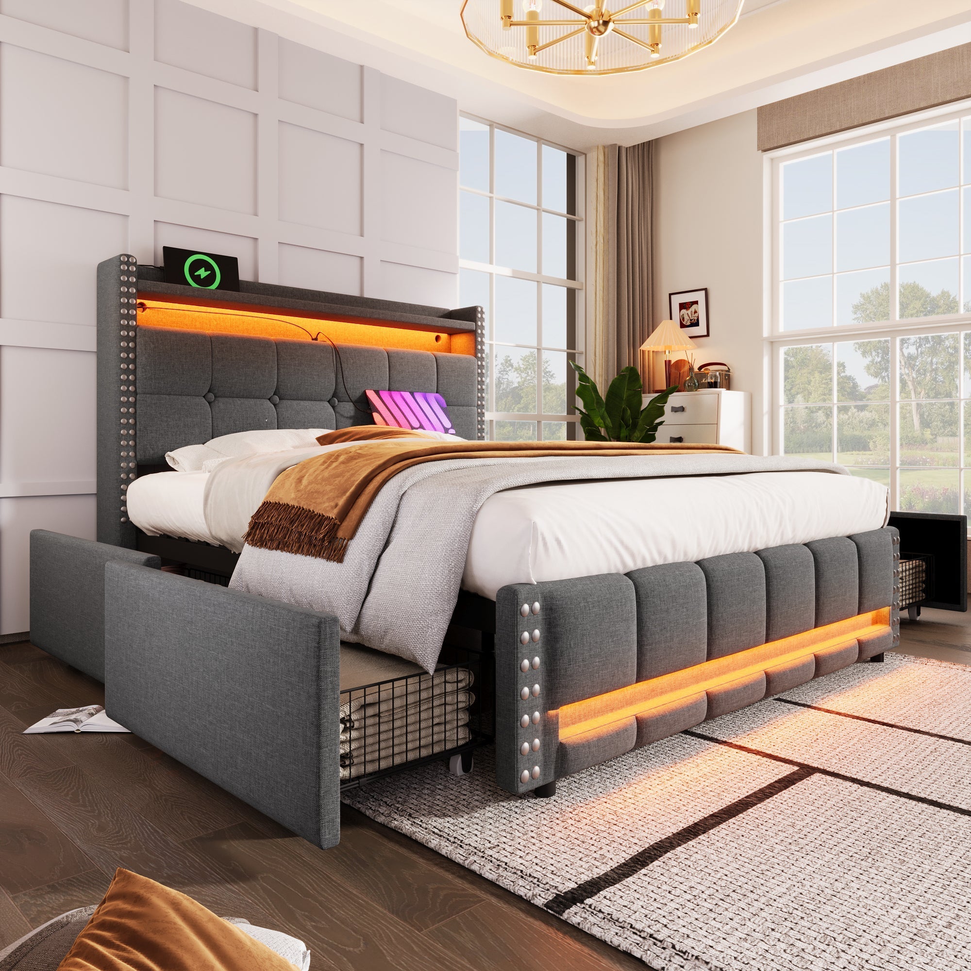 Upholstered Bed with LED, USB, Shelves & 4 Drawers, Gray Linen
