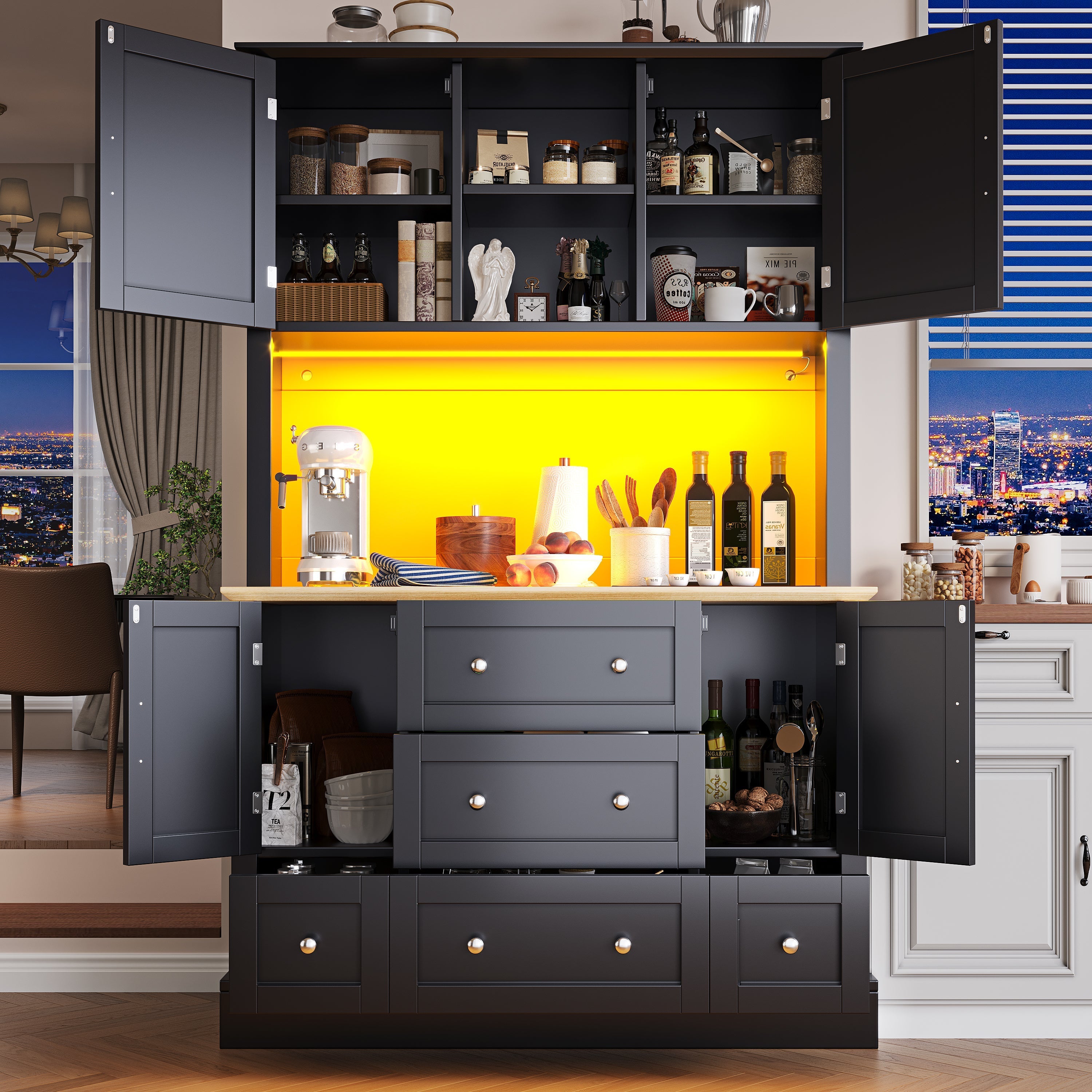 Snack Cabinet Tall Dining Sideboard with 5 Drawers & LED Lighting, Black